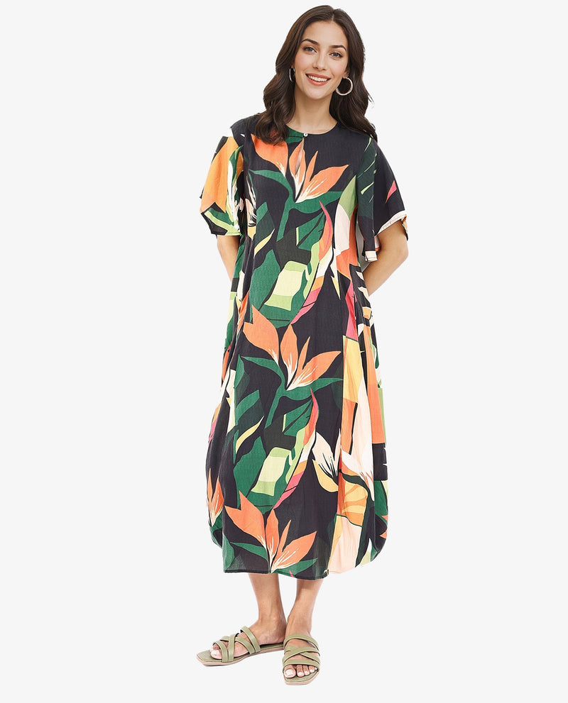 Rareism Women Gesto Multi 3/4Th Sleeve V-Neck Balloon Fit Abstract Print Midi Dress