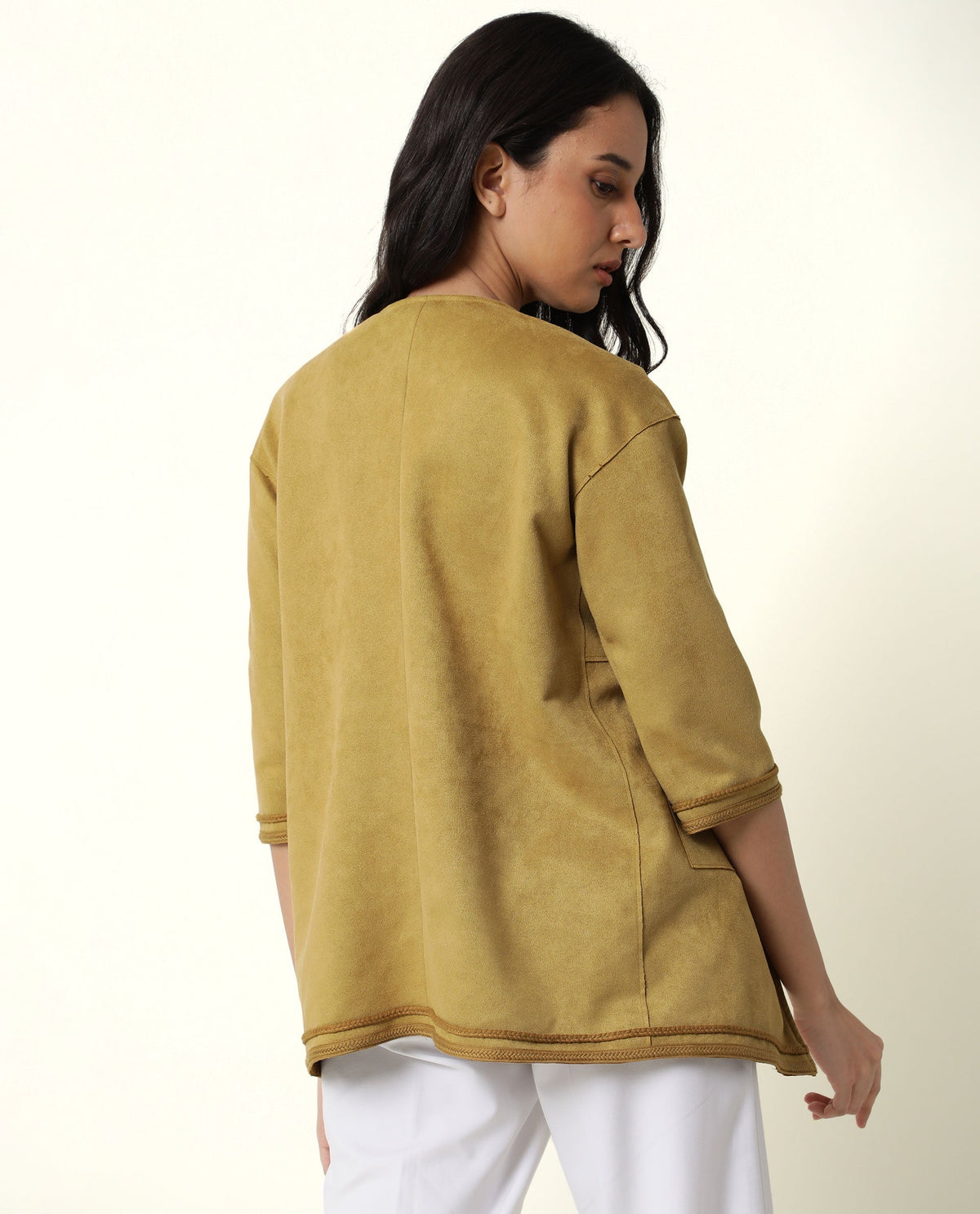 Rareism Women Square Dark Yellow Polyester Fabric 3/4Th Sleeves Solid Boat Neck Jacket