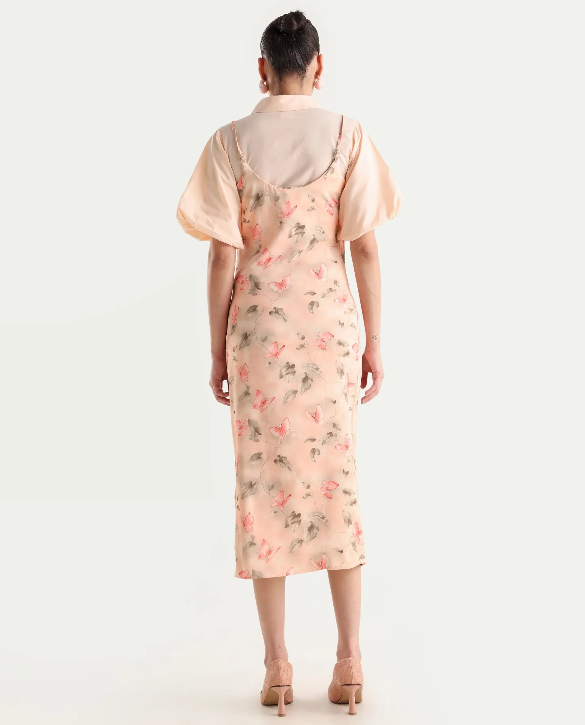 Rareism Women's Gha Beige Cotton Spread Collar Object Print Cuffed Sleeve Midi Straight Fit Dress