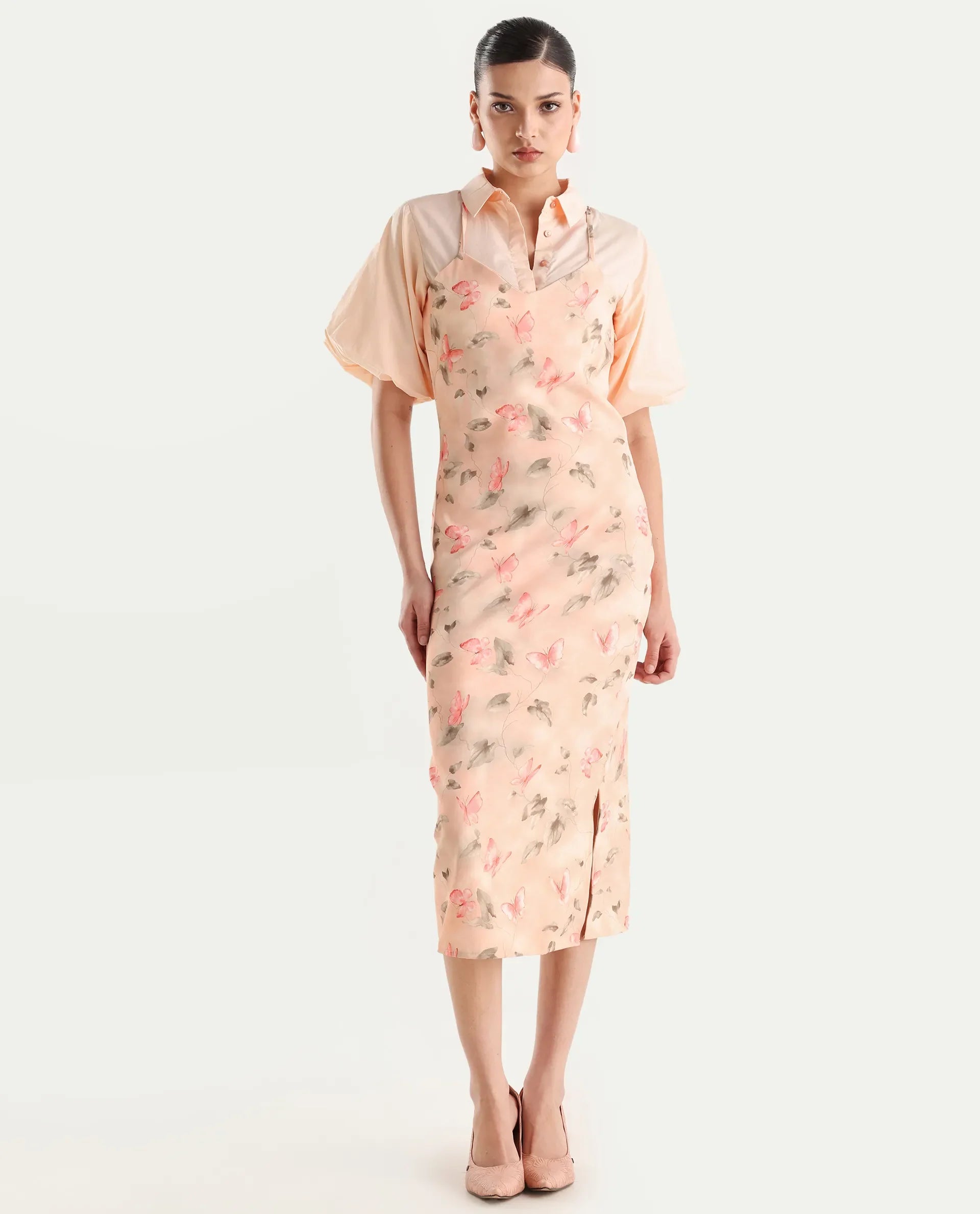 Rareism Women's Gha Beige Cotton Spread Collar Object Print Cuffed Sleeve Midi Straight Fit Dress