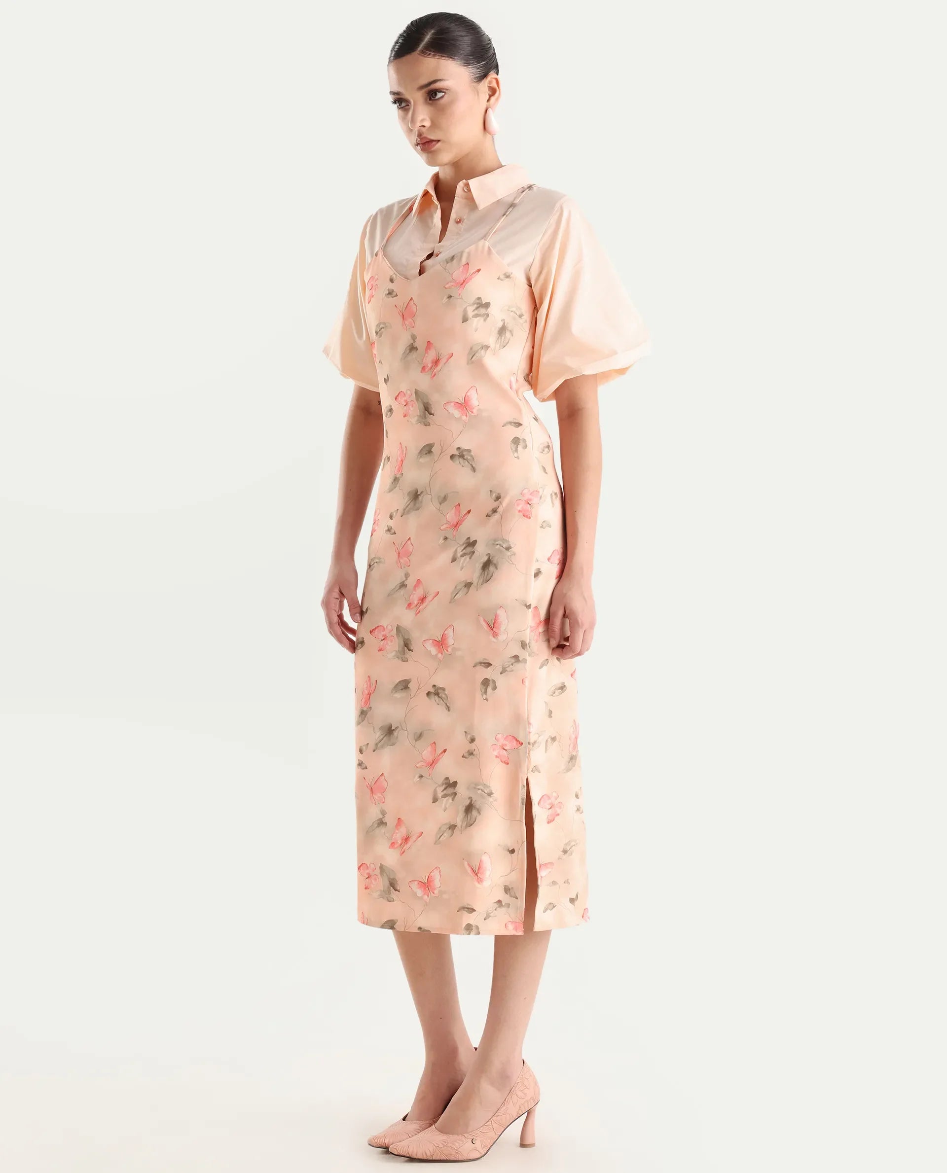 Rareism Women's Gha Beige Cotton Spread Collar Object Print Cuffed Sleeve Midi Straight Fit Dress