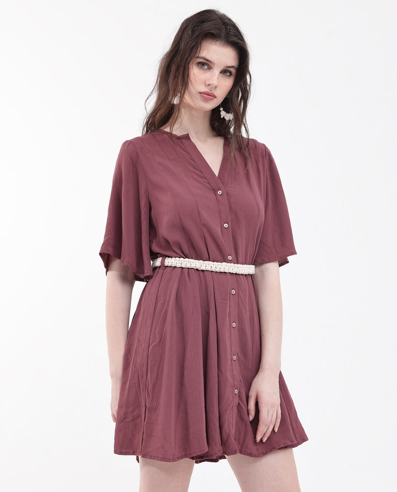 Rareism Women Gildmore Maroon Rayon Fabric Regular Sleeves V-Neck Solid Regular Length Dress