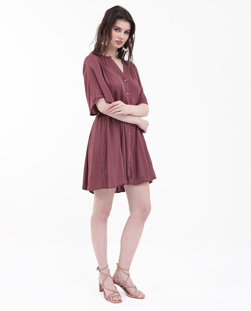 Rareism Women Gildmore Maroon Rayon Fabric Regular Sleeves V-Neck Solid Regular Length Dress