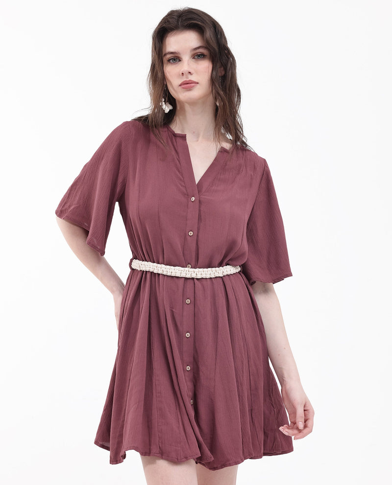 Rareism Women Gildmore Maroon Rayon Fabric Regular Sleeves V-Neck Solid Regular Length Dress