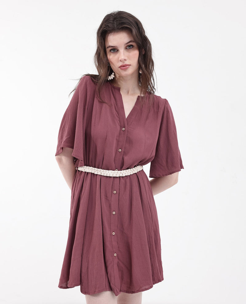 Rareism Women Gildmore Maroon Rayon Fabric Regular Sleeves V-Neck Solid Regular Length Dress