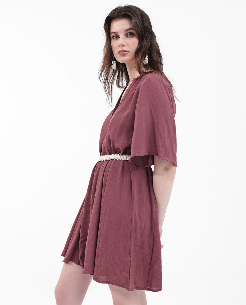 Rareism Women Gildmore Maroon Rayon Fabric Regular Sleeves V-Neck Solid Regular Length Dress