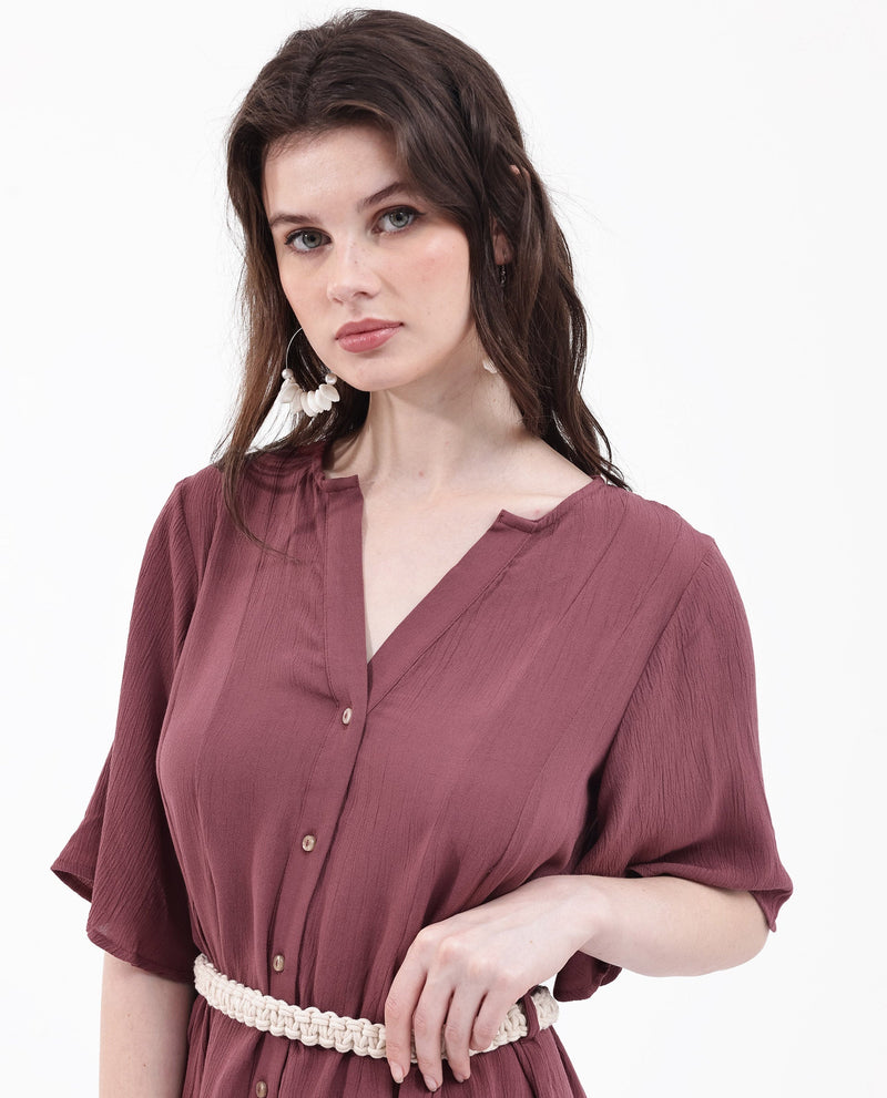 Rareism Women Gildmore Maroon Rayon Fabric Regular Sleeves V-Neck Solid Regular Length Dress