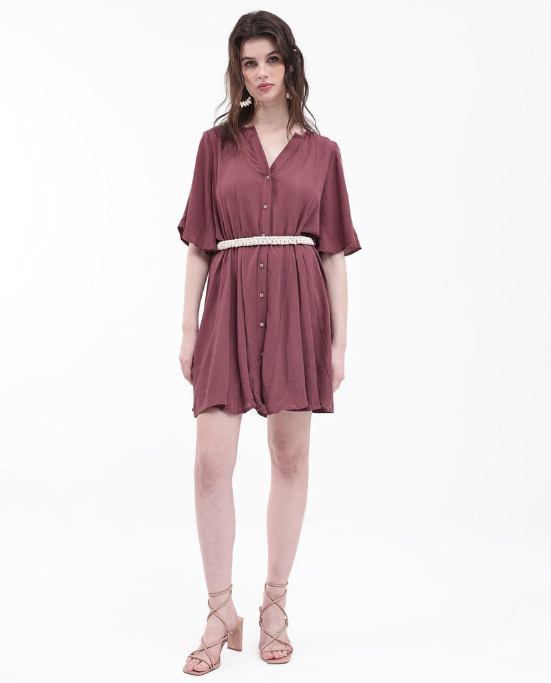 Rareism Women Gildmore Maroon Rayon Fabric Regular Sleeves V-Neck Solid Regular Length Dress