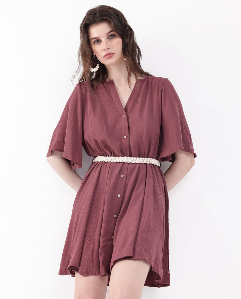 Rareism Women Gildmore Maroon Rayon Fabric Regular Sleeves V-Neck Solid Regular Length Dress