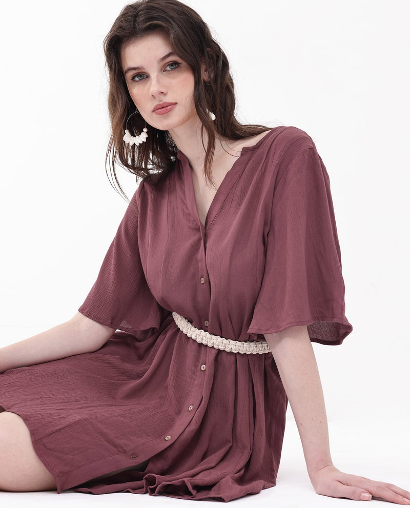 Rareism Women Gildmore Maroon Rayon Fabric Regular Sleeves V-Neck Solid Regular Length Dress