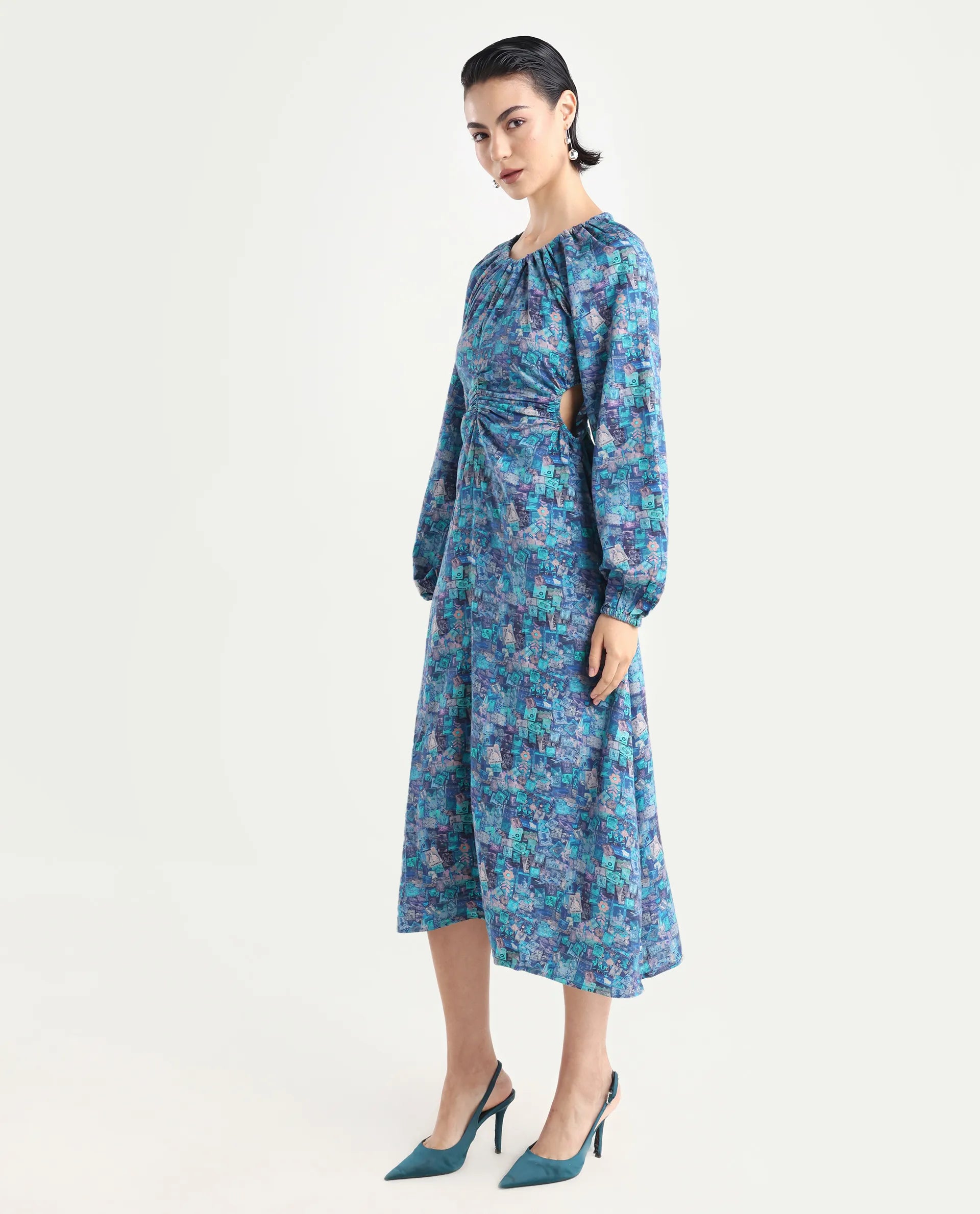Rareism Women's Gilf Blue Rayon Blend Crew Neck Object Print Puff Sleeves Maxi A-Line Dress