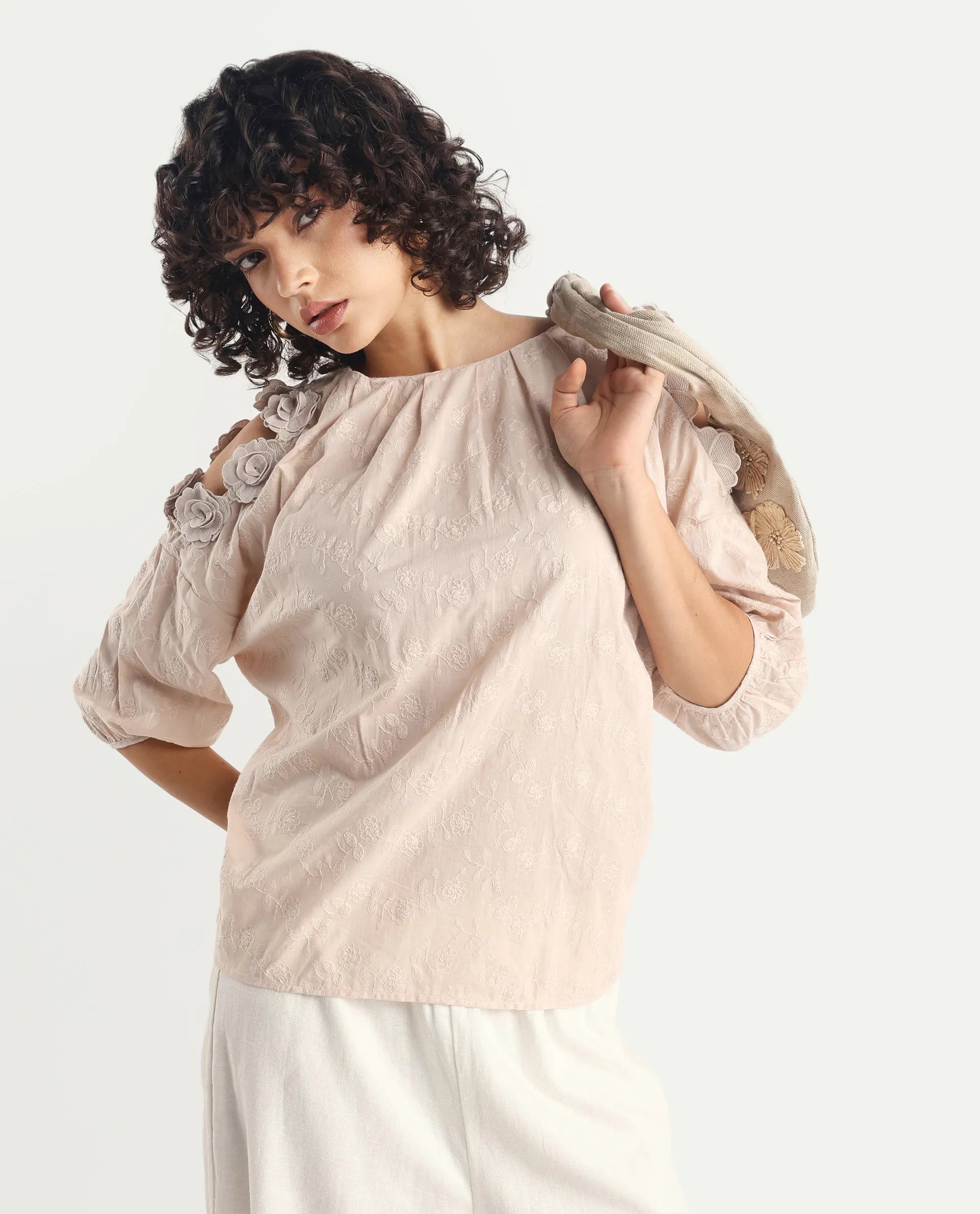 Rareism Women's Gips Beige Cotton Crew Neck Plain Balloon Sleeve Relaxed Fit Top