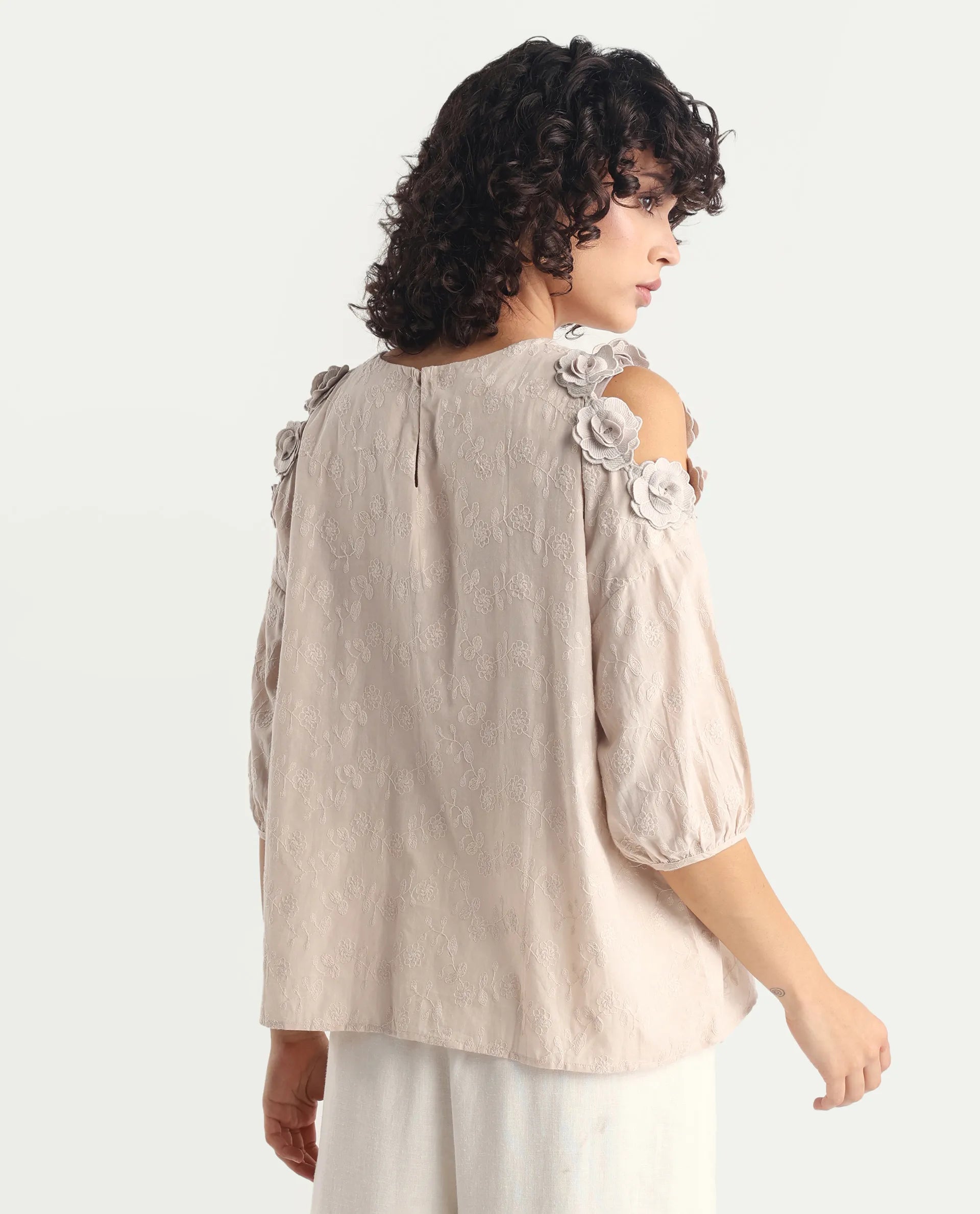 Rareism Women's Gips Beige Cotton Crew Neck Plain Balloon Sleeve Relaxed Fit Top