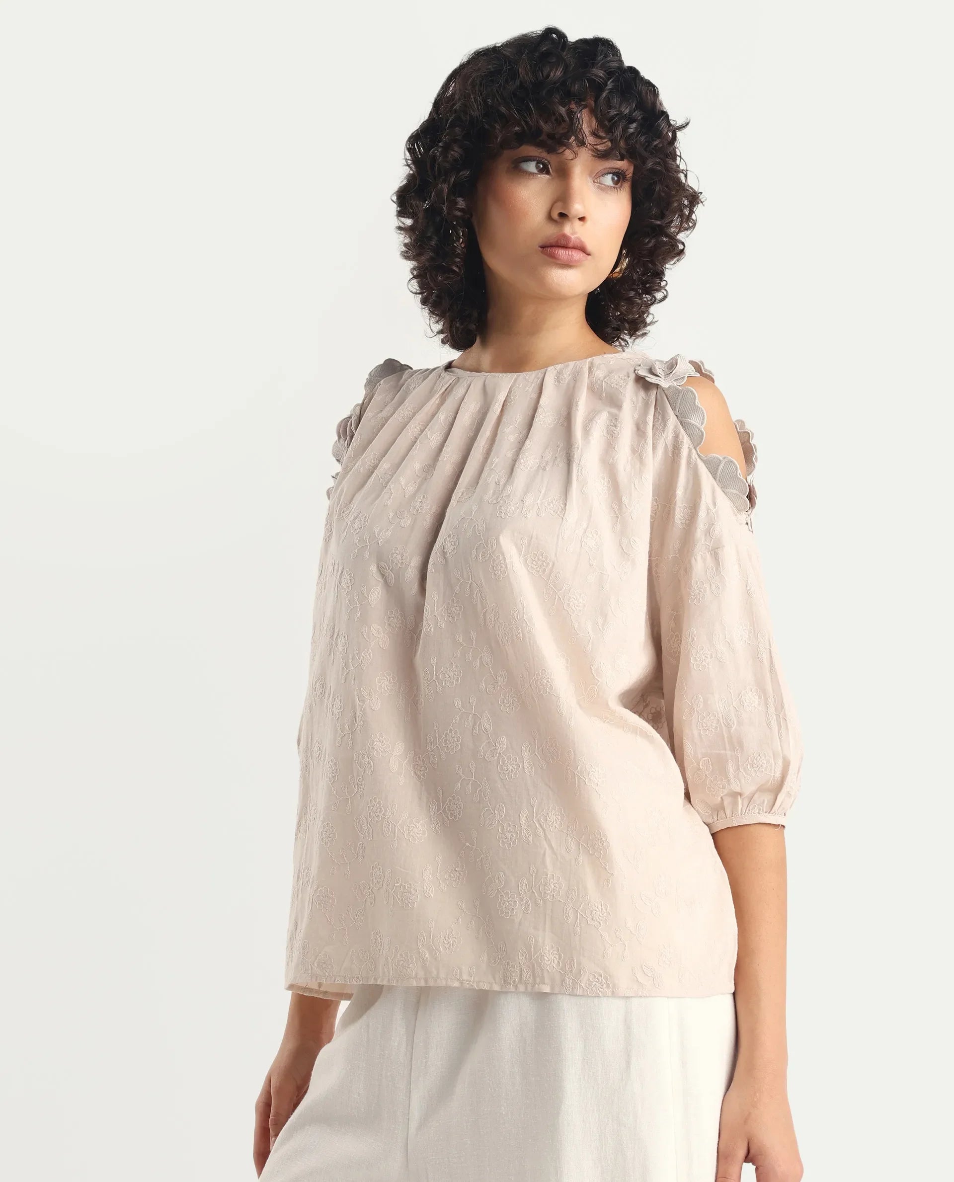 Rareism Women's Gips Beige Cotton Crew Neck Plain Balloon Sleeve Relaxed Fit Top