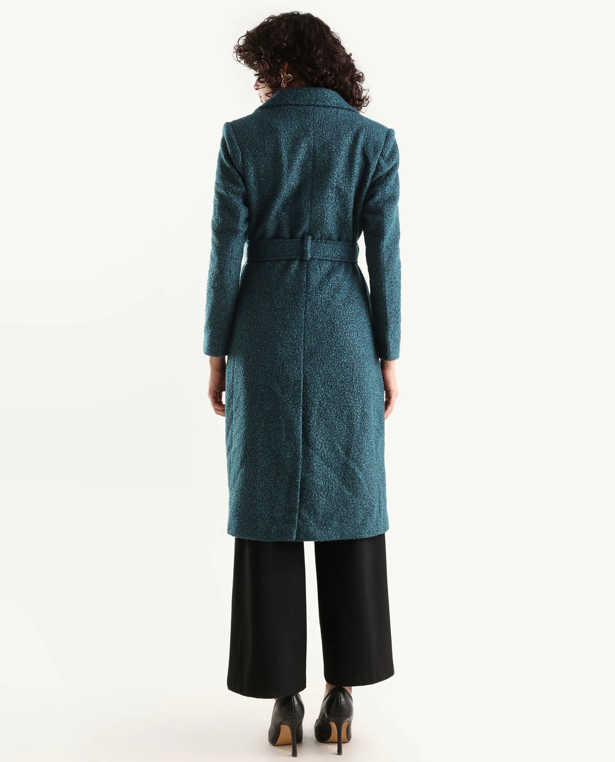 Rareism Women's Gisbor Teal Cotton Blend Lapel Neck Plain Midi Regular Fit Jacket
