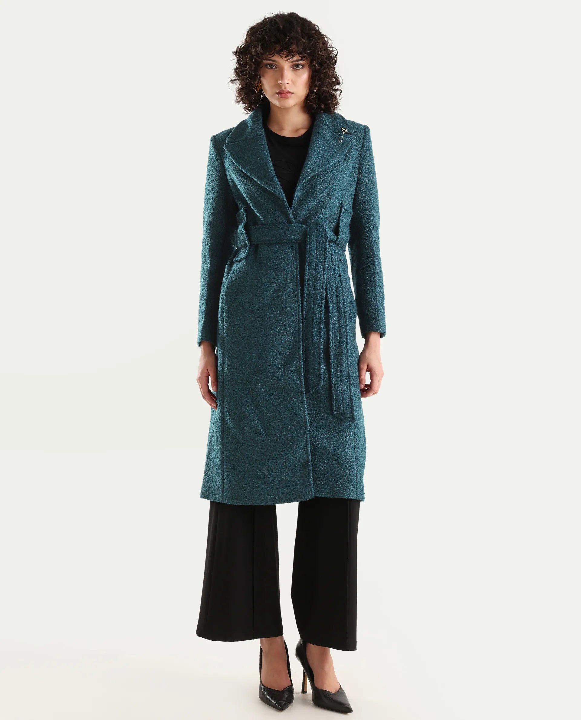 Rareism Women's Gisbor Teal Cotton Blend Lapel Neck Plain Midi Regular Fit Jacket