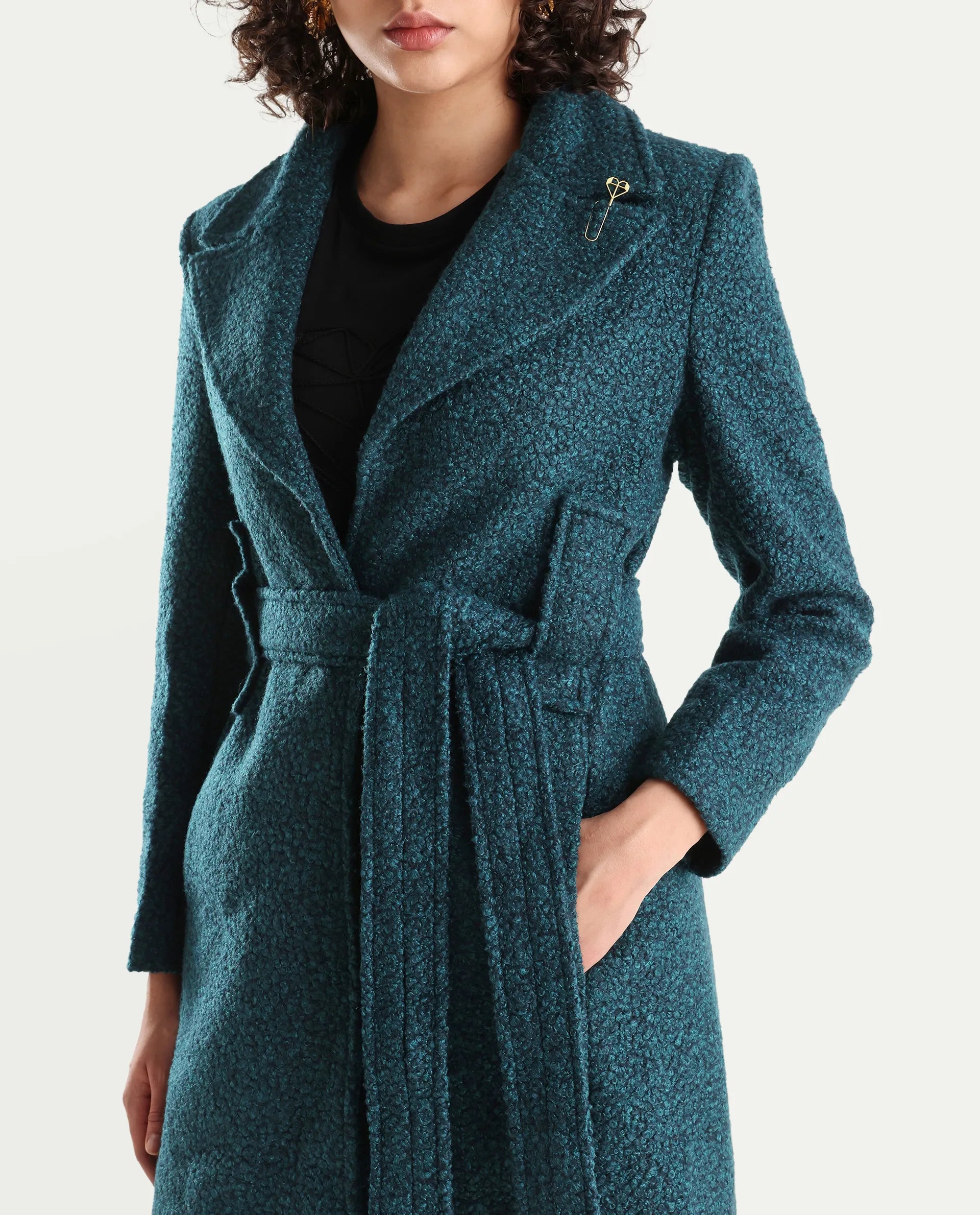 Rareism Women's Gisbor Teal Cotton Blend Lapel Neck Plain Midi Regular Fit Jacket