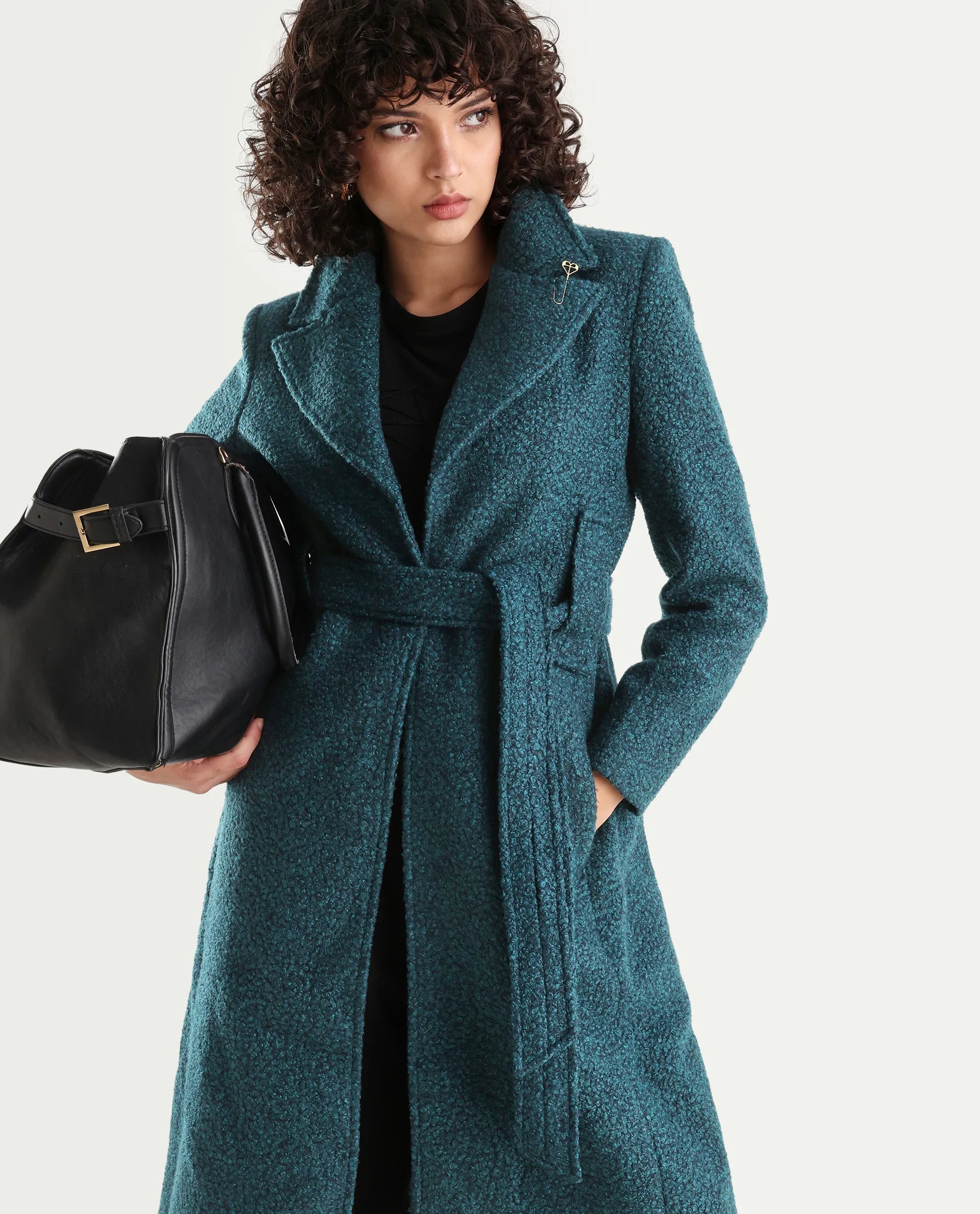 Rareism Women's Gisbor Teal Cotton Blend Lapel Neck Plain Midi Regular Fit Jacket