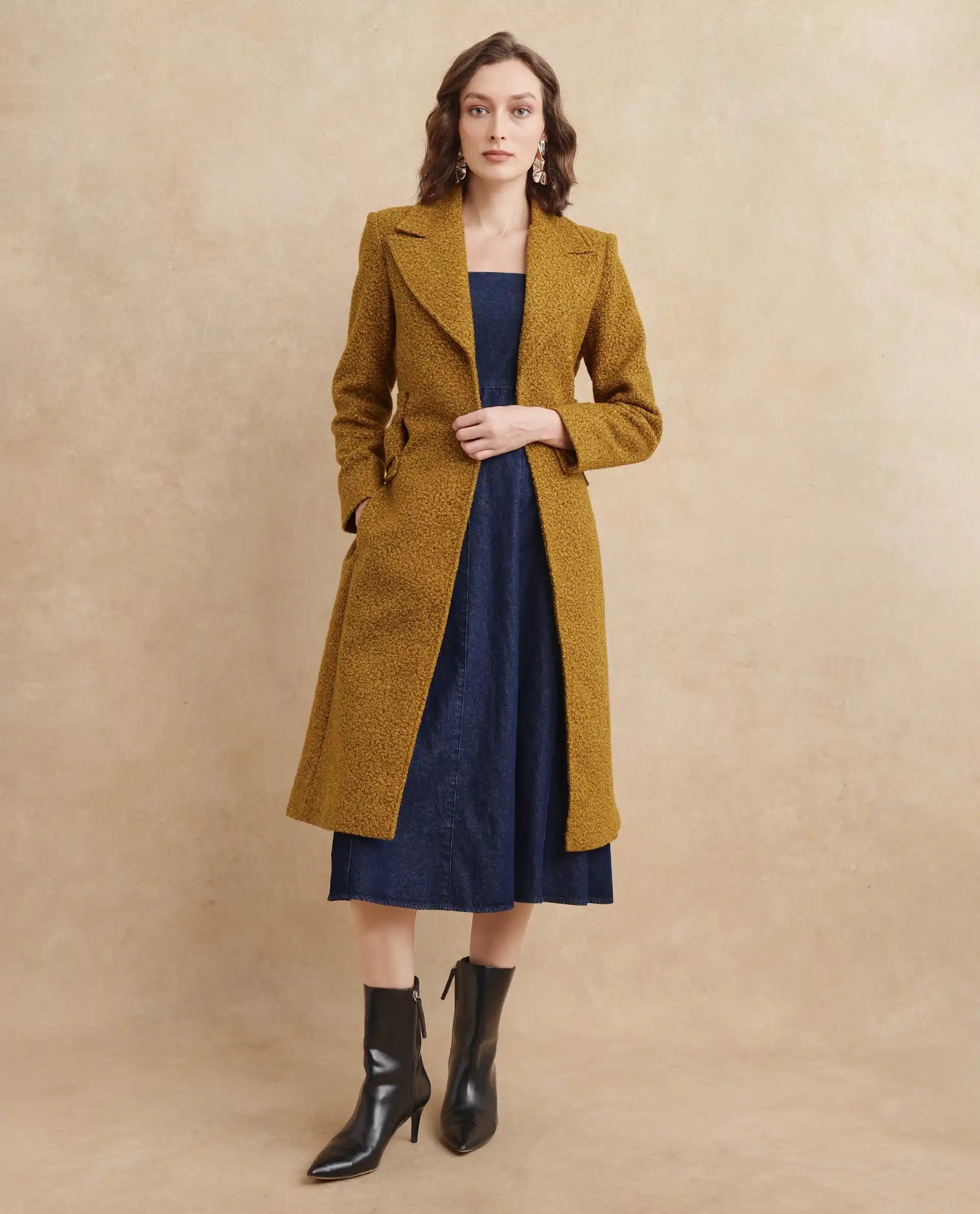 Rareism Women's Gisbor Yellow Sherpa Lapel Neck Plain Midi Regular Fit Jacket