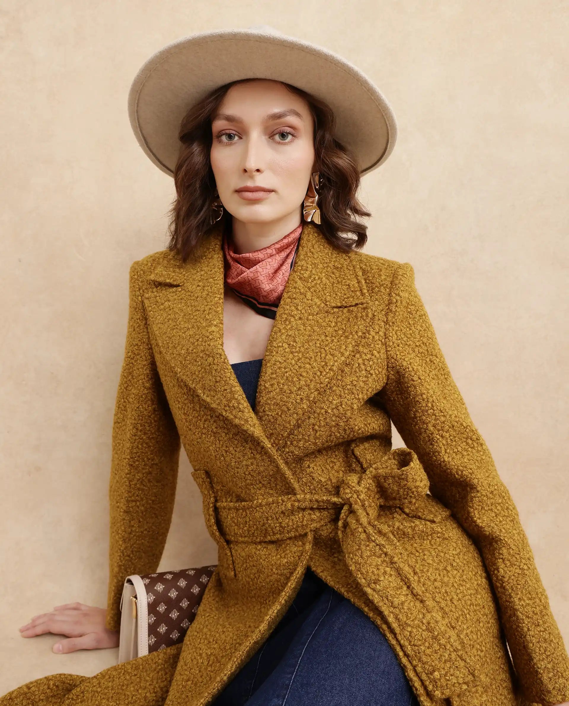 Rareism Women's Gisbor Yellow Sherpa Lapel Neck Plain Midi Regular Fit Jacket
