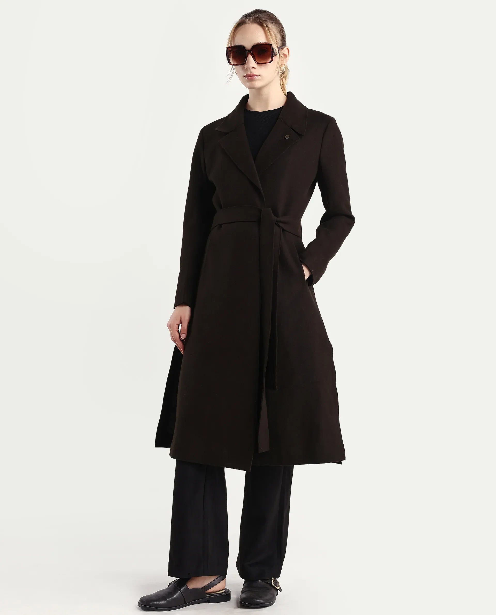 Rareism Women's Gisbory Olive Polyester Blend Lapel Collar Coat Plain Coat