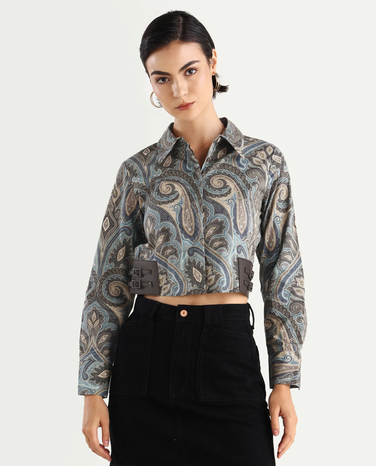 Rareism Women's Gister Multi Cotton Drop Collar Paisley Print Cuffed Sleeve Crop Regular Fit Shirt