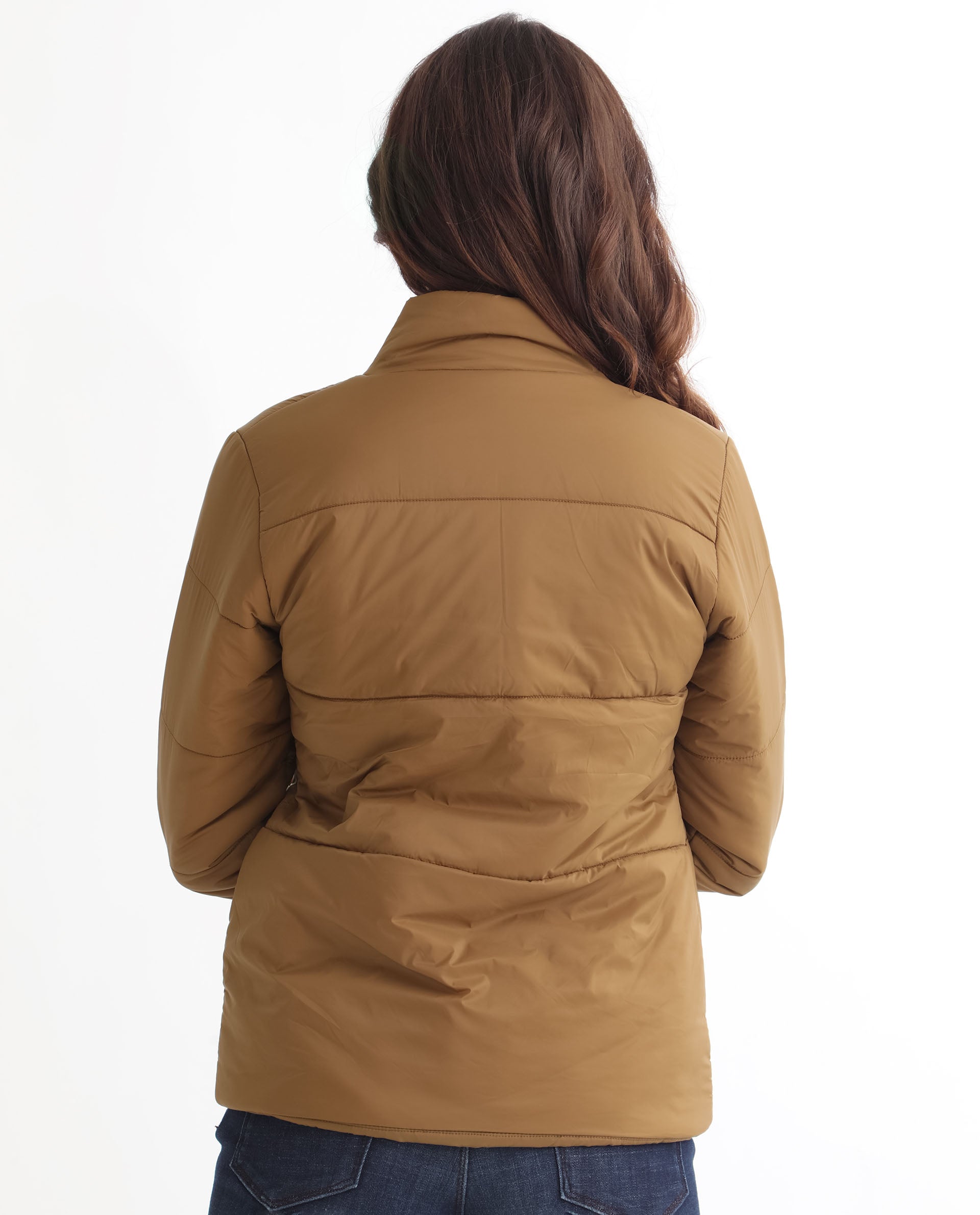 Rareism Women Glasha Ls Brown Polyester Fabric Full Sleeves Solid High Neck Jacket