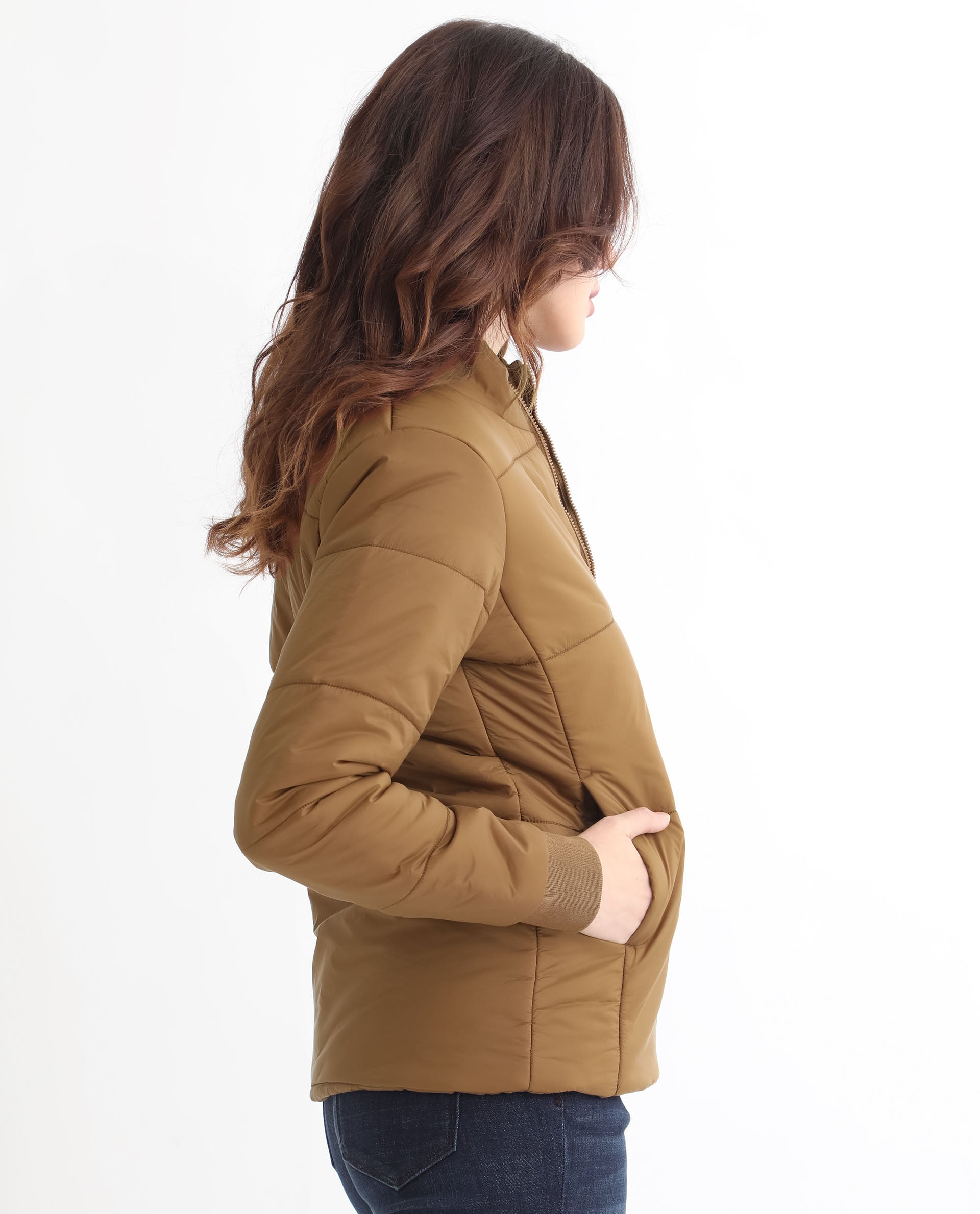 Rareism Women Glasha Ls Brown Polyester Fabric Full Sleeves Solid High Neck Jacket