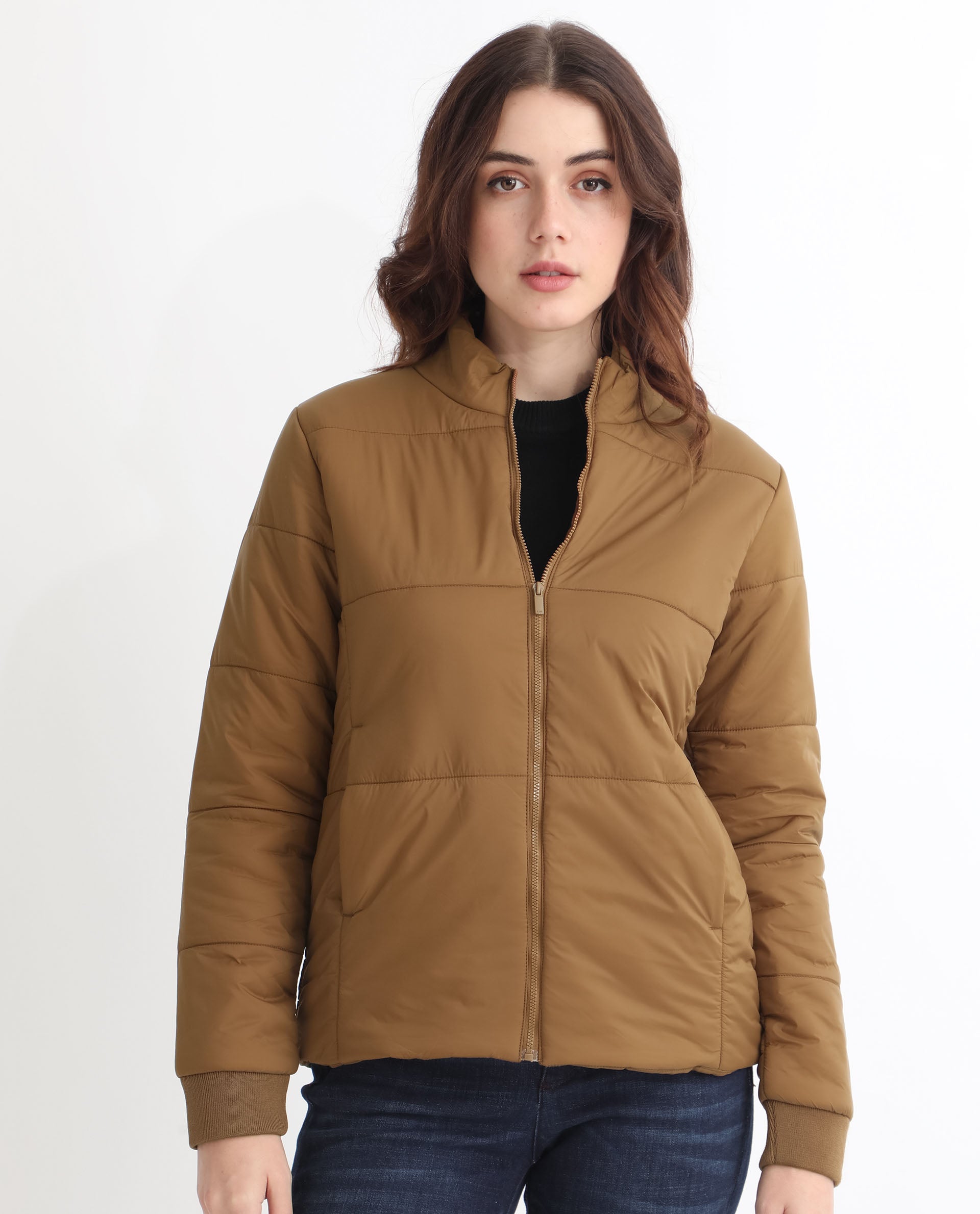 Rareism Women Glasha Ls Brown Polyester Fabric Full Sleeves Solid High Neck Jacket