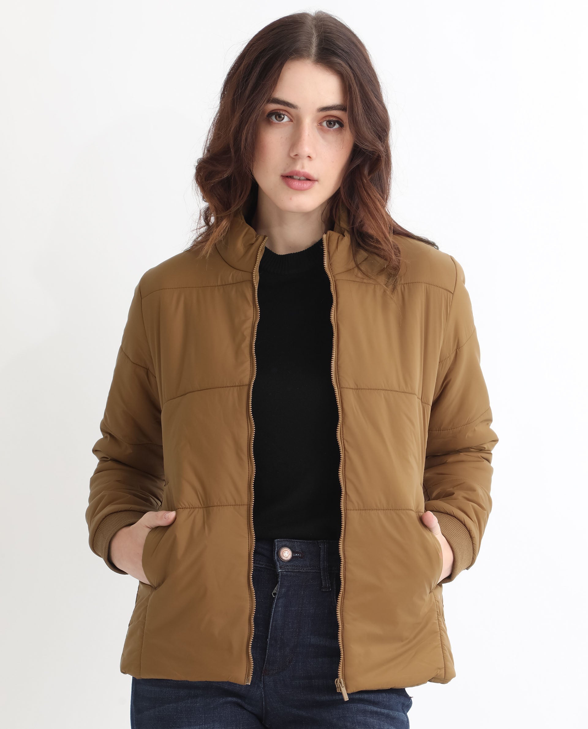 Rareism Women Glasha Ls Brown Polyester Fabric Full Sleeves Solid High Neck Jacket