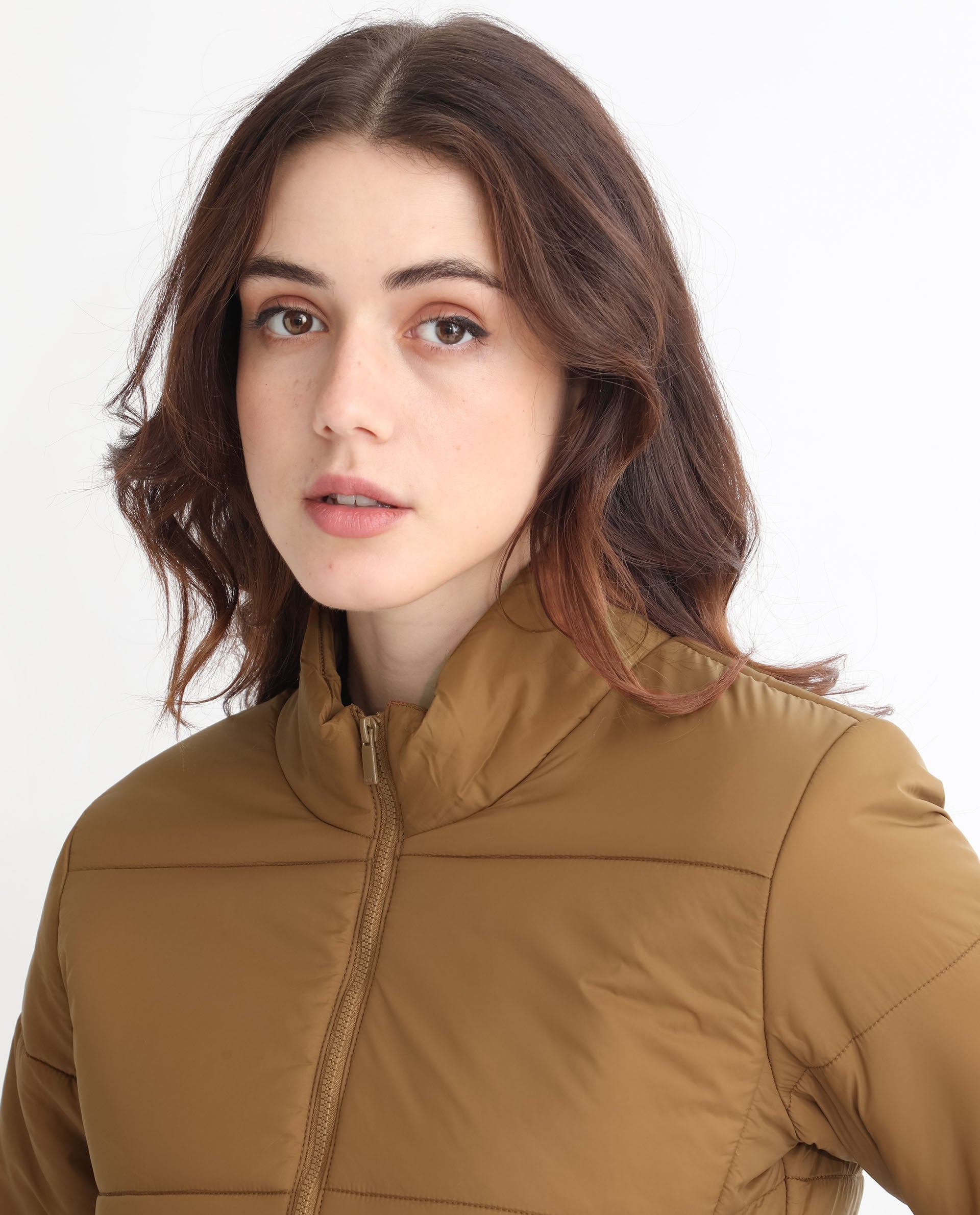 Rareism Women Glasha Ls Brown Polyester Fabric Full Sleeves Solid High Neck Jacket