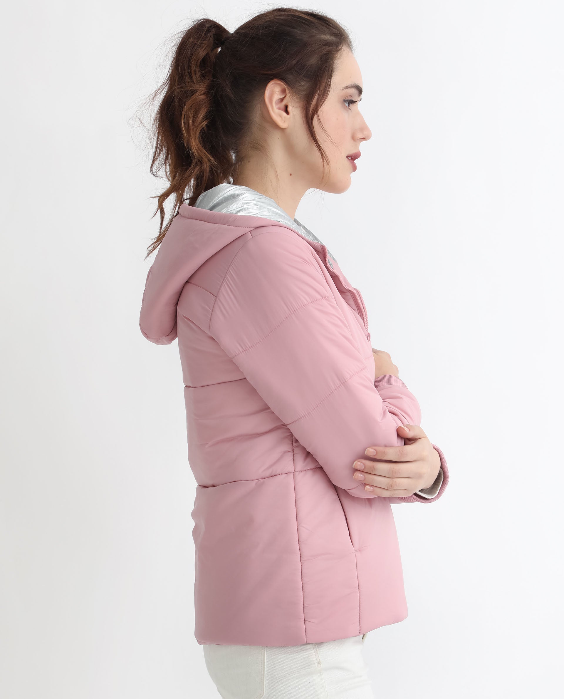 Rareism Women Glasha Hls Pink Polyester Fabric Full Sleeves Solid Hooded Jacket