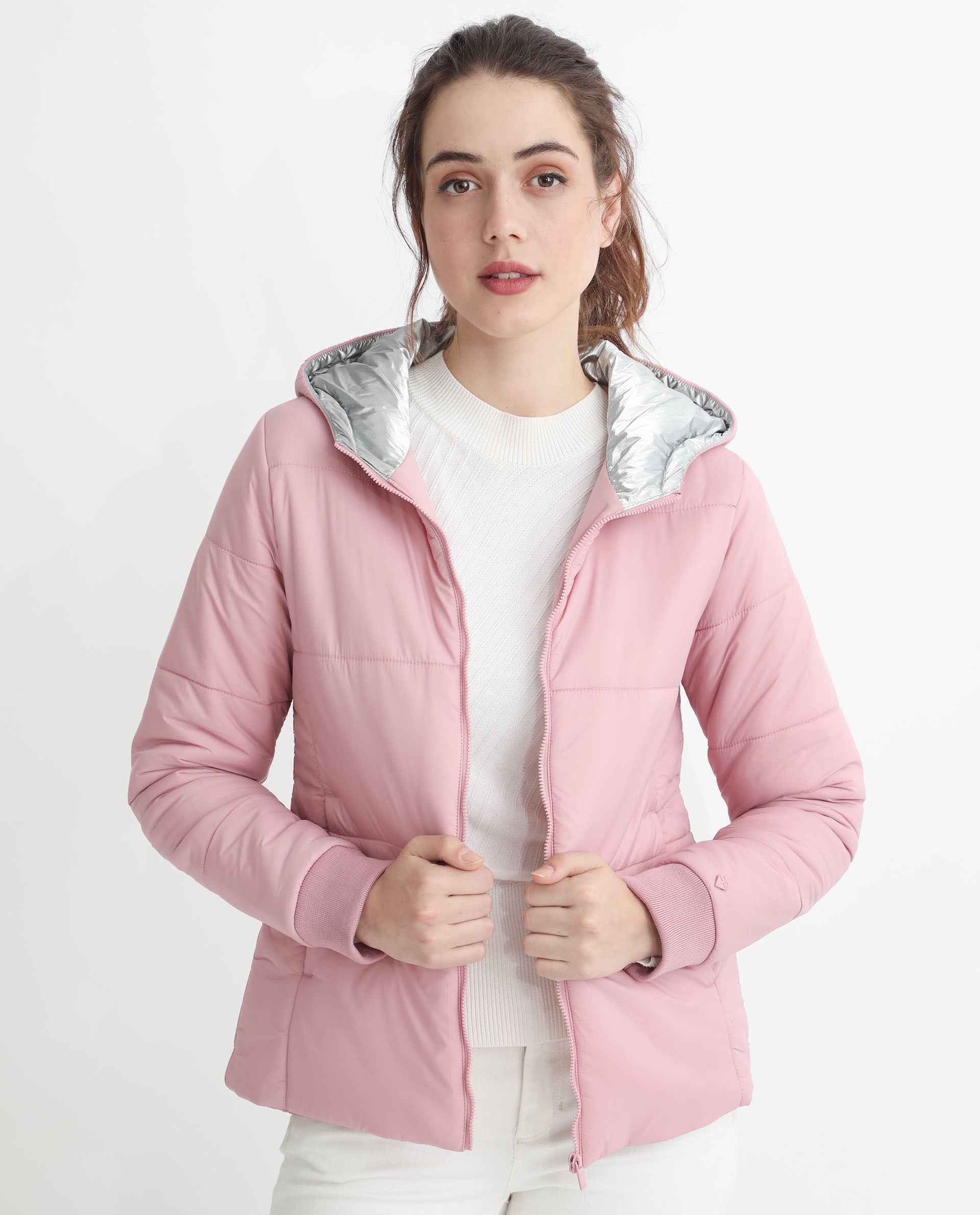 Rareism Women Glasha Hls Pink Polyester Fabric Full Sleeves Solid Hooded Jacket