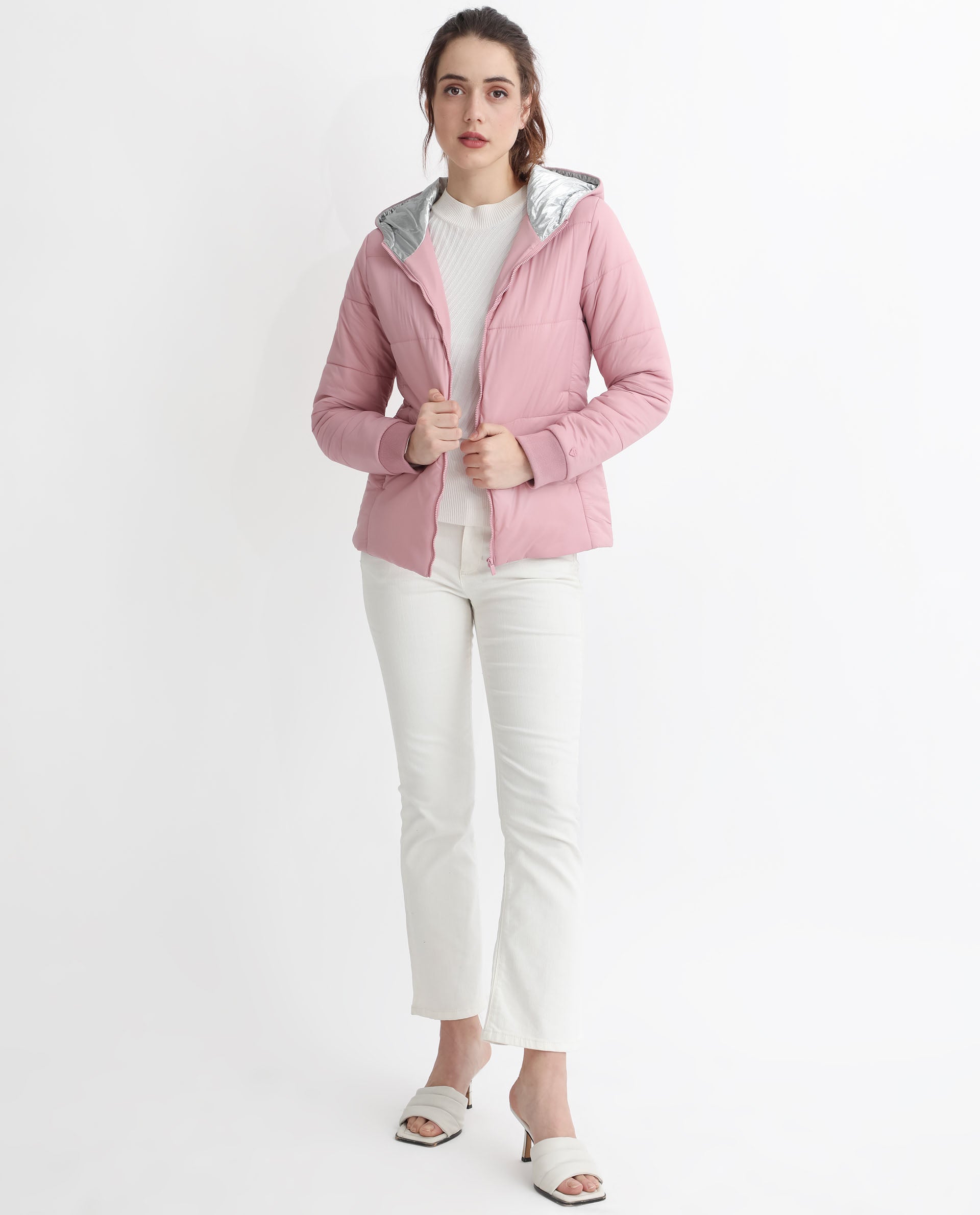 Rareism Women Glasha Hls Pink Polyester Fabric Full Sleeves Solid Hooded Jacket