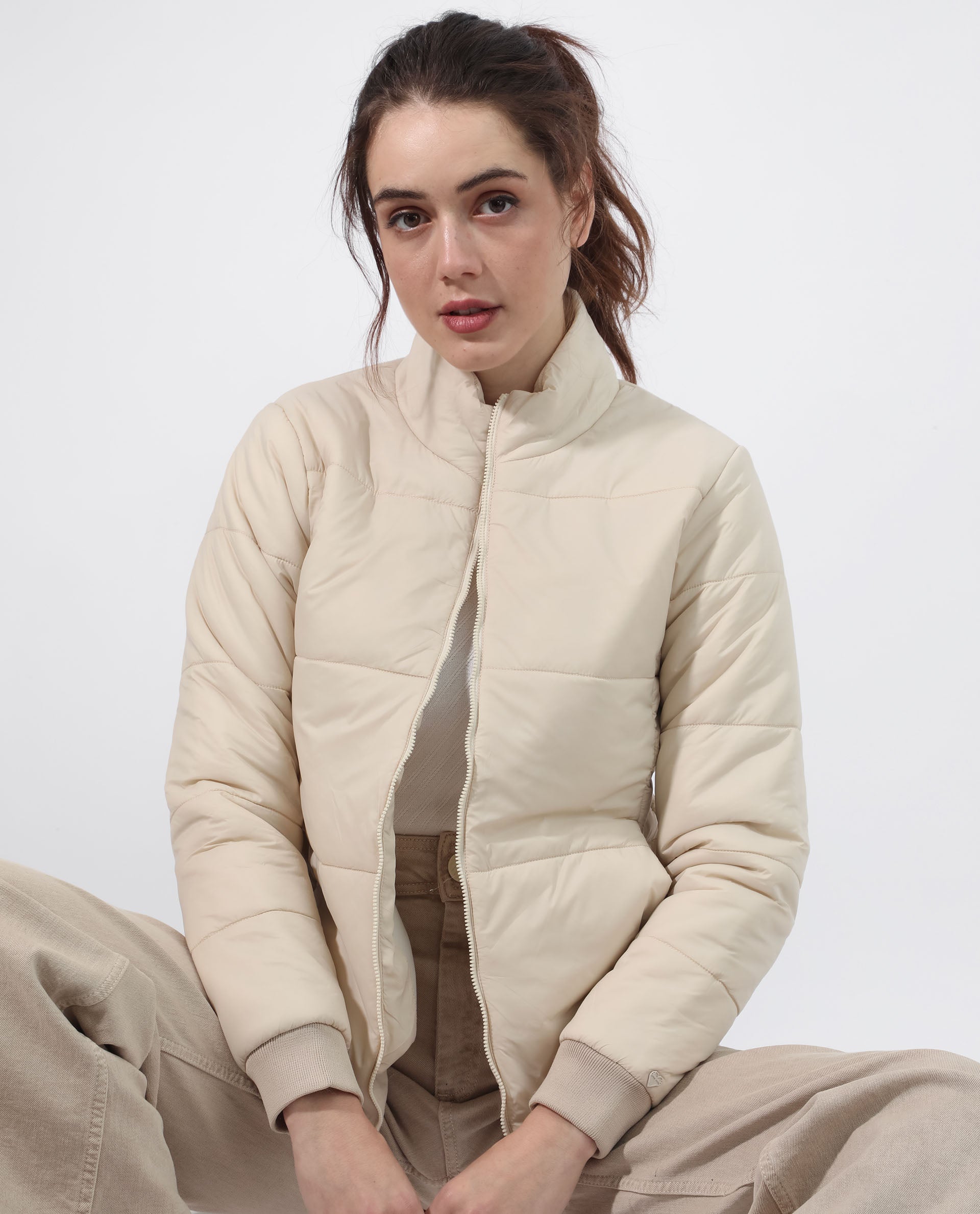 Rareism Women Glasha Ls Beige Polyester Fabric Full Sleeves Solid High Neck Jacket