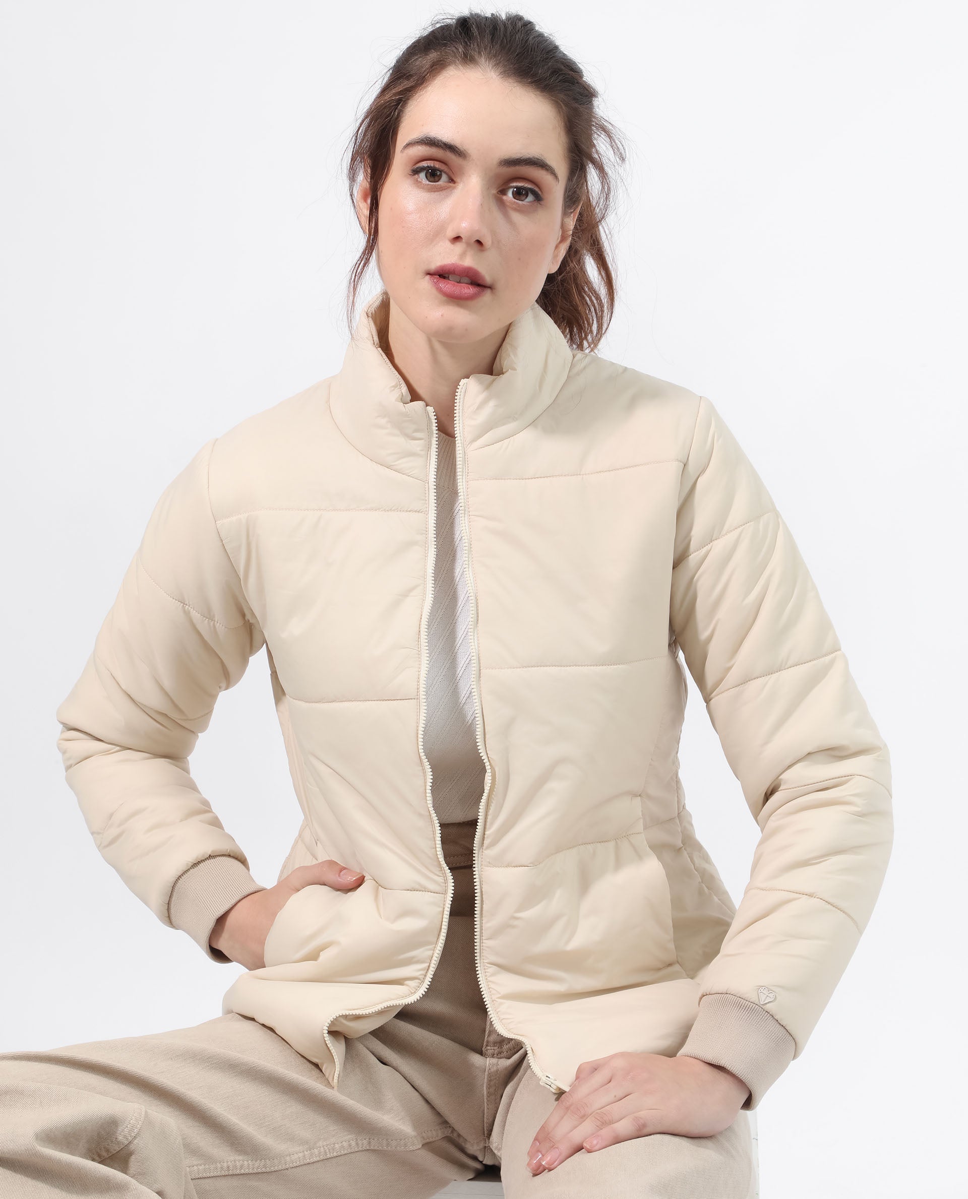 Rareism Women Glasha Ls Beige Polyester Fabric Full Sleeves Solid High Neck Jacket