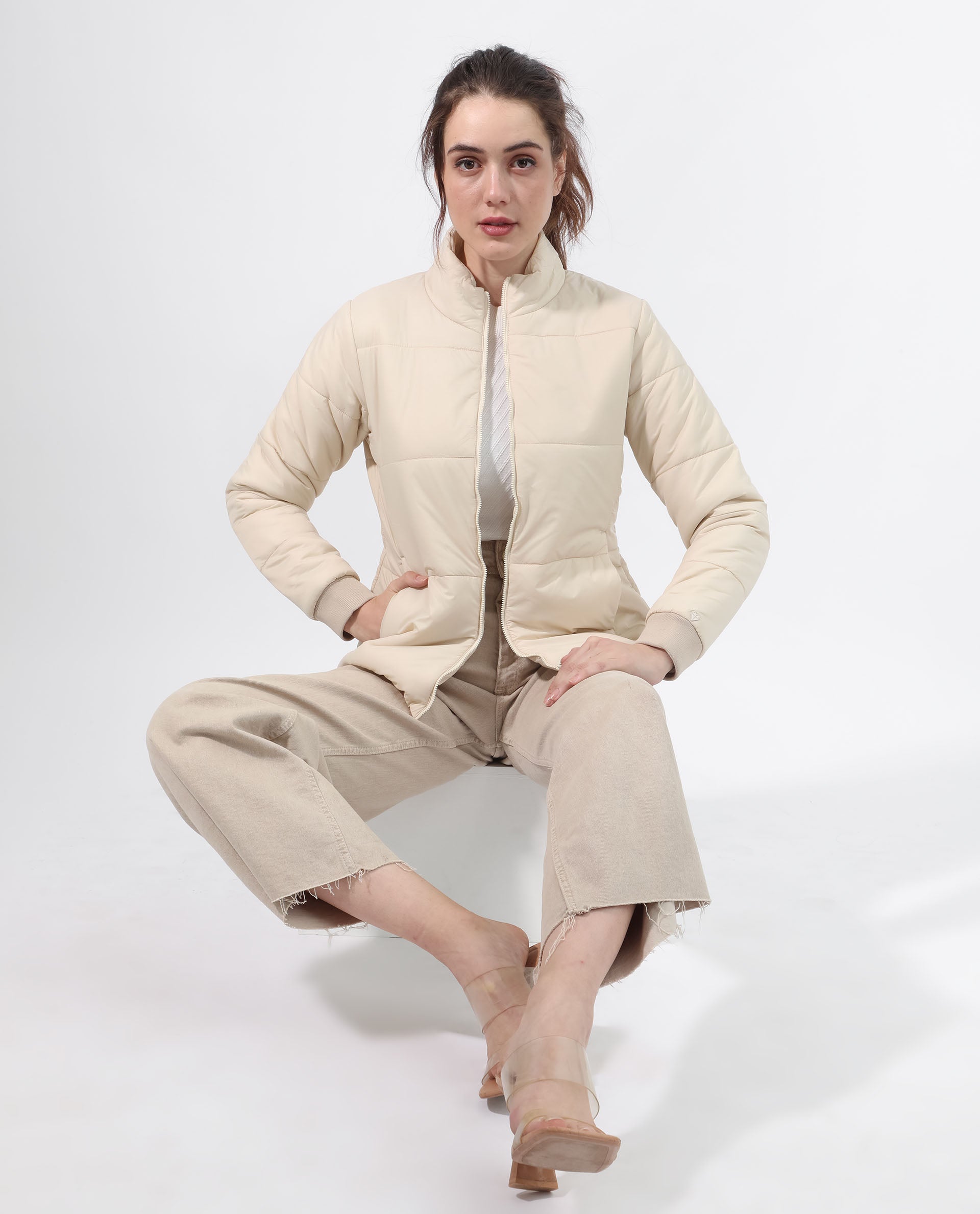 Rareism Women Glasha Ls Beige Polyester Fabric Full Sleeves Solid High Neck Jacket