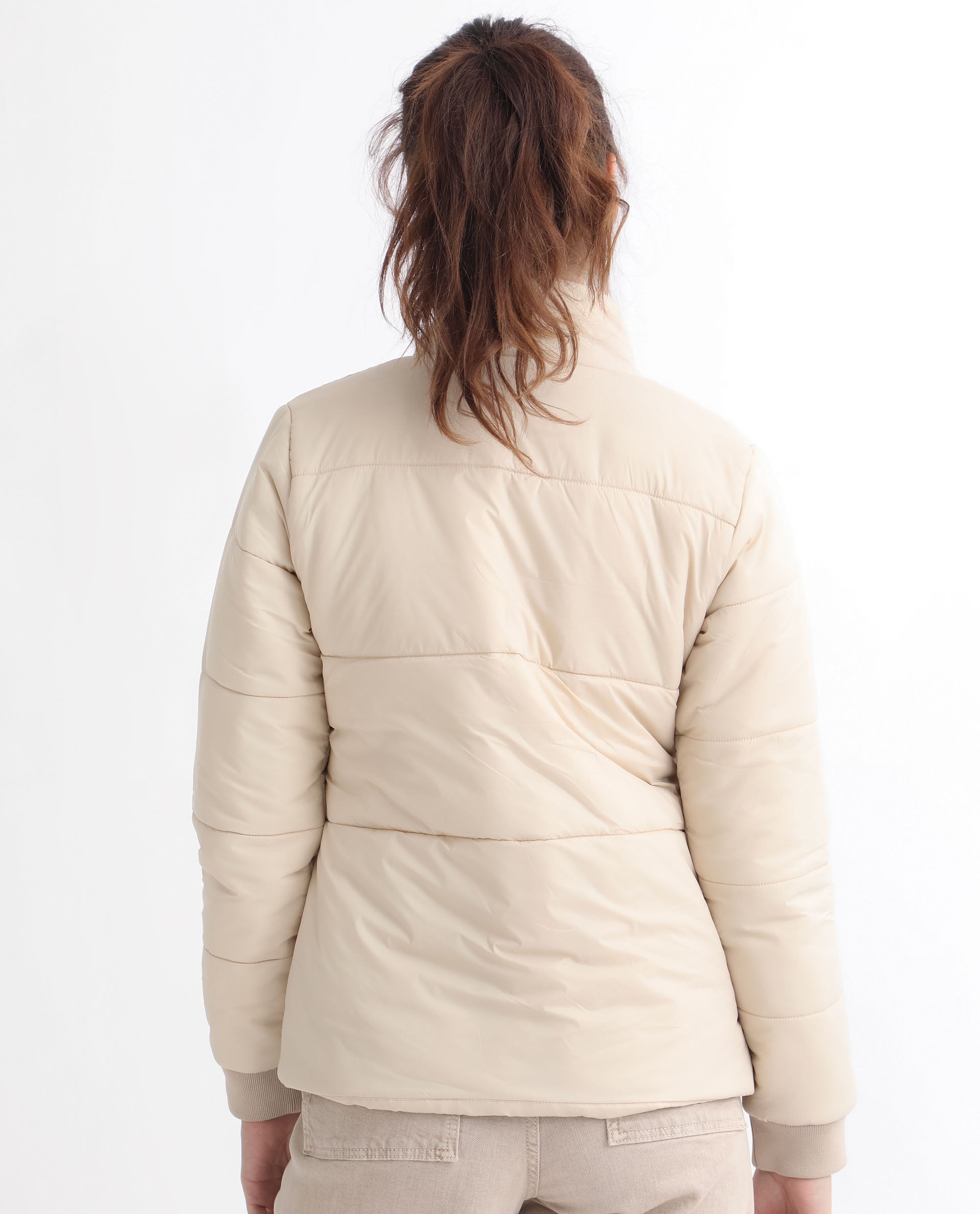 Rareism Women Glasha Ls Beige Polyester Fabric Full Sleeves Solid High Neck Jacket