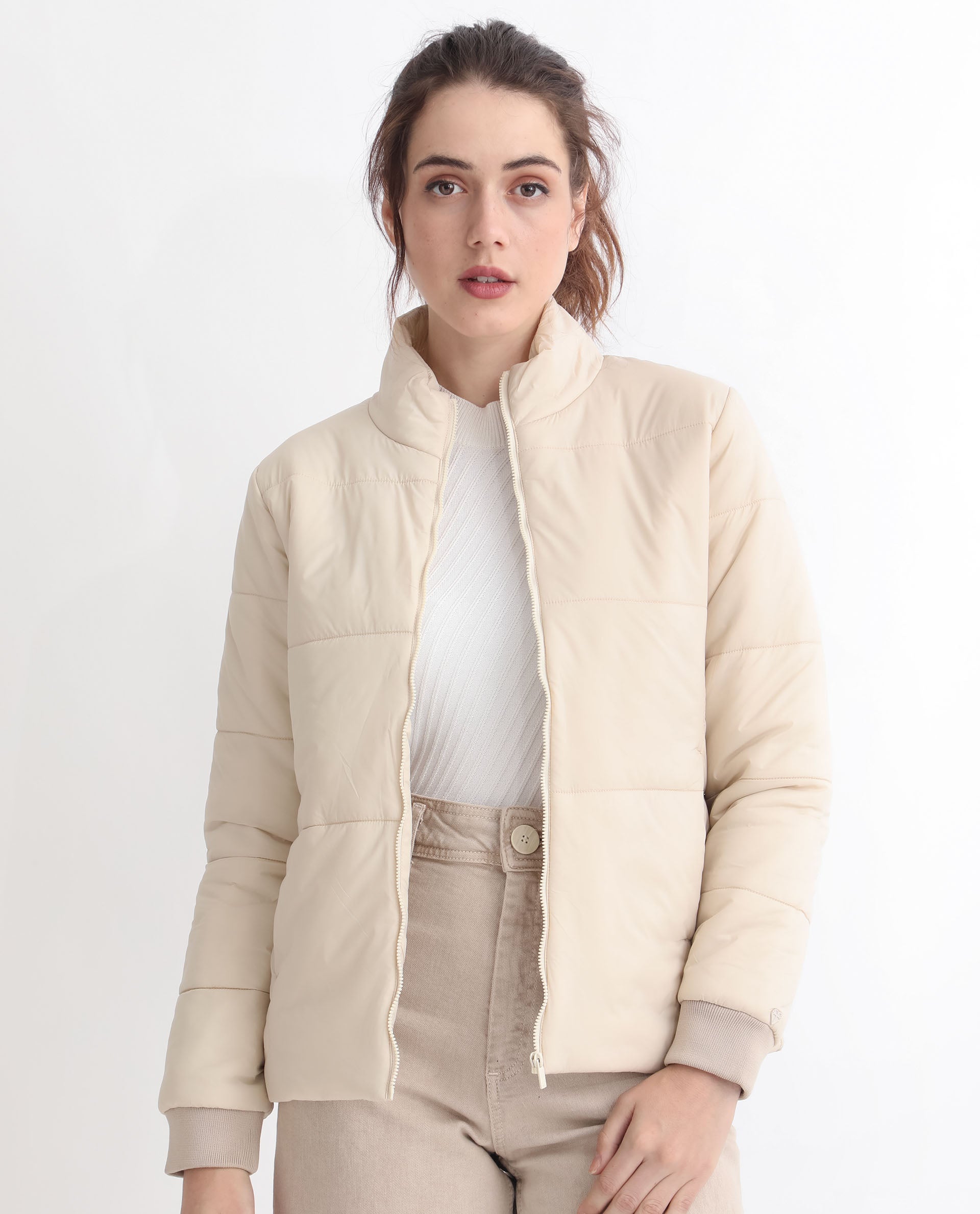 Rareism Women Glasha Ls Beige Polyester Fabric Full Sleeves Solid High Neck Jacket