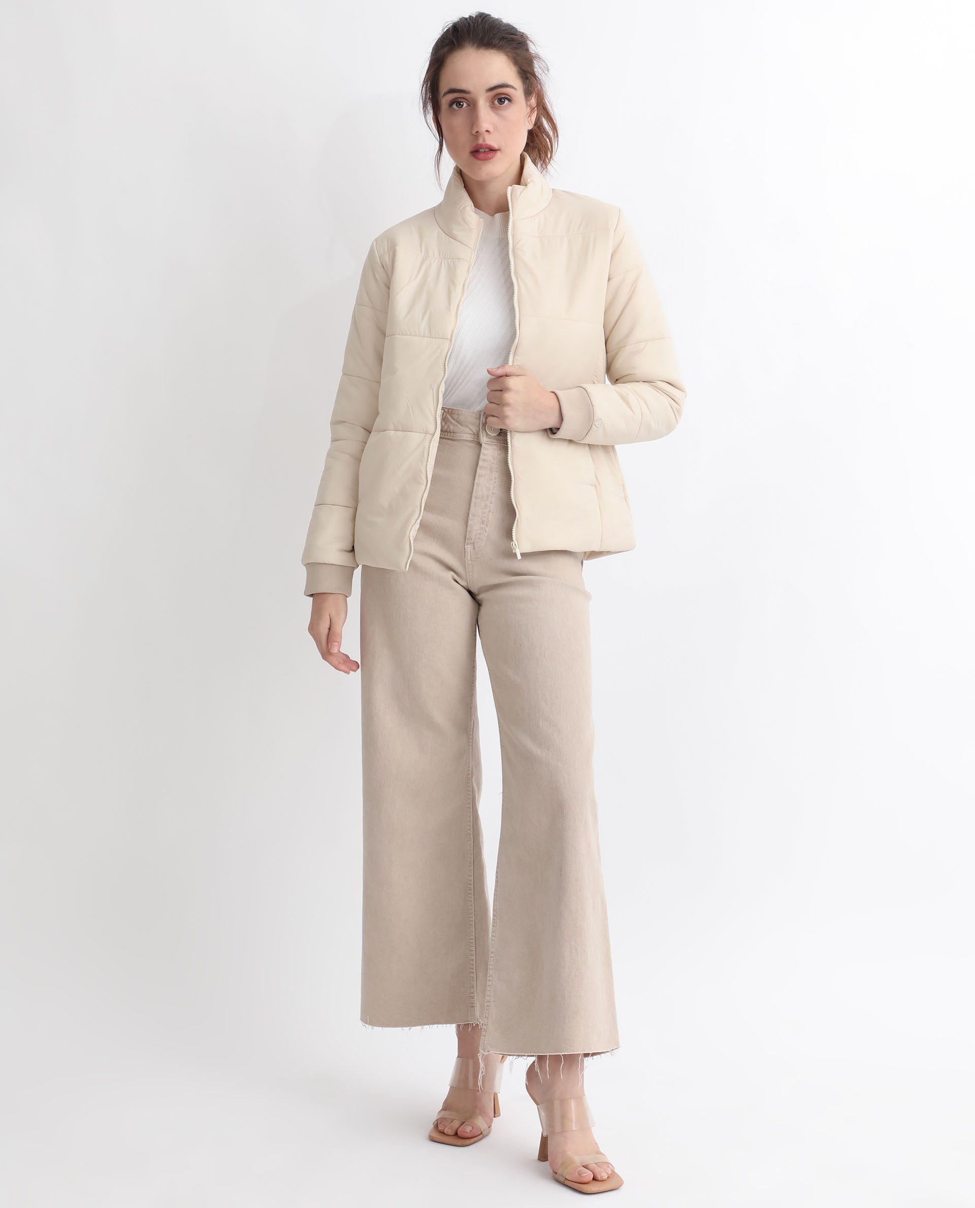 Rareism Women Glasha Ls Beige Polyester Fabric Full Sleeves Solid High Neck Jacket
