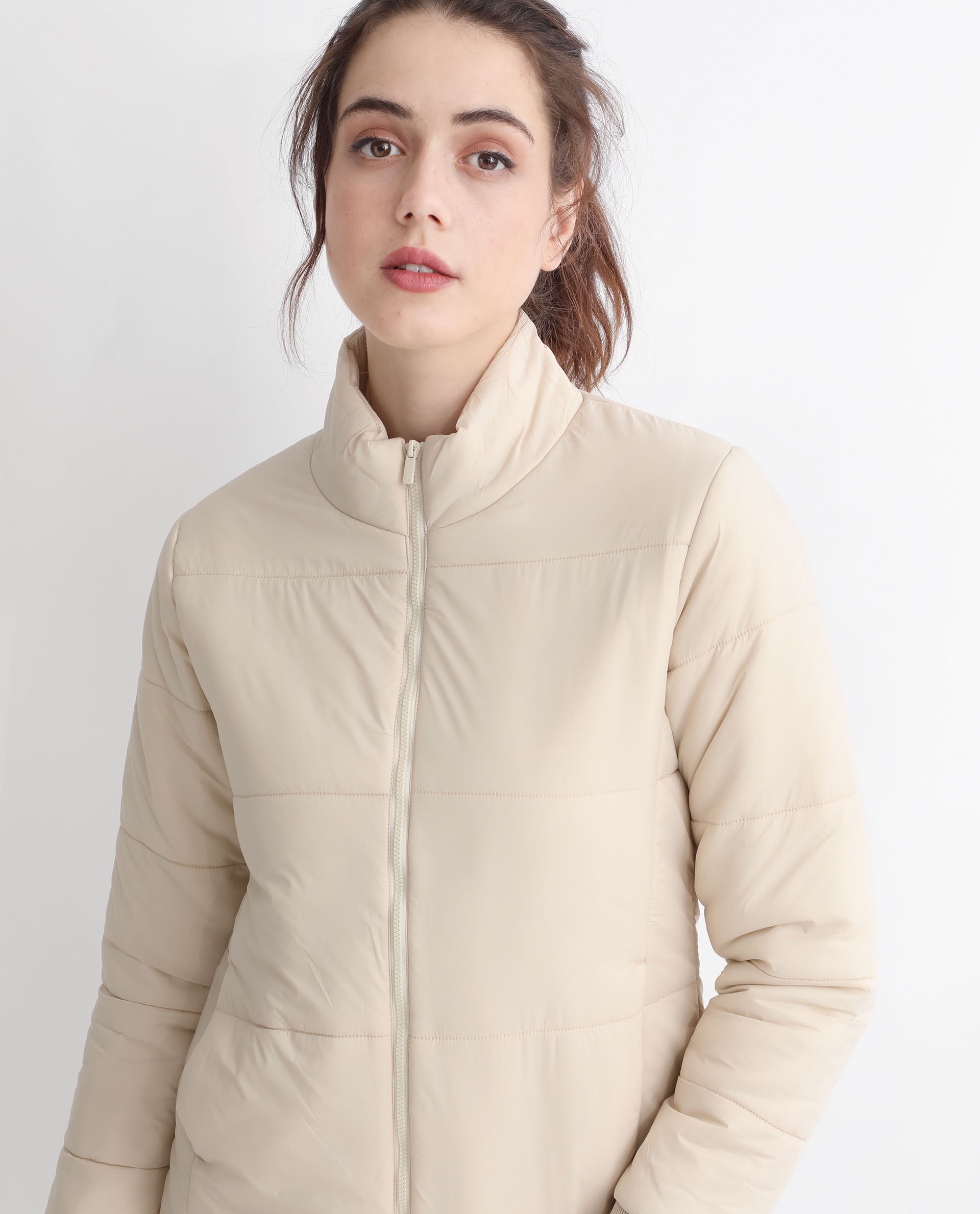 Rareism Women Glasha Ls Beige Polyester Fabric Full Sleeves Solid High Neck Jacket