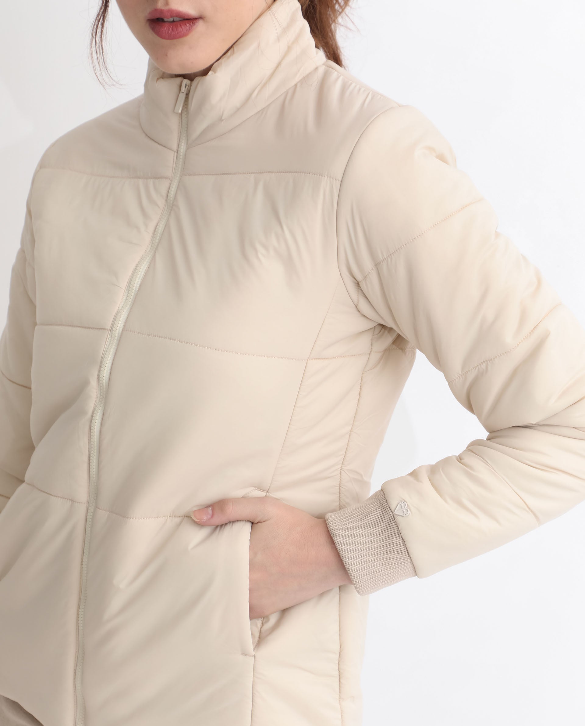 Rareism Women Glasha Ls Beige Polyester Fabric Full Sleeves Solid High Neck Jacket