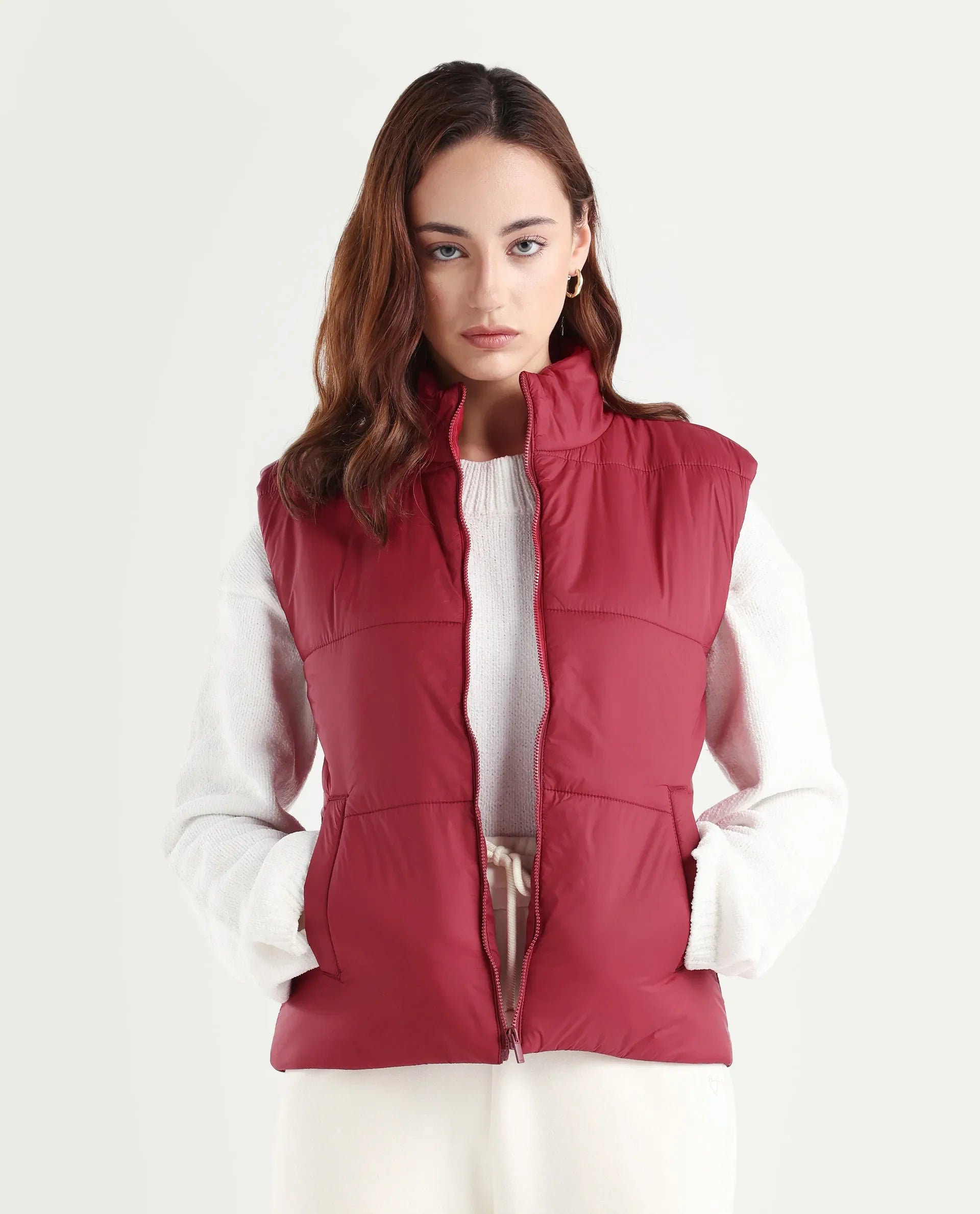 Rareism Women's Glasha Sl Red Polyester High Neck Plain Sleeveless Regular Fit Jacket