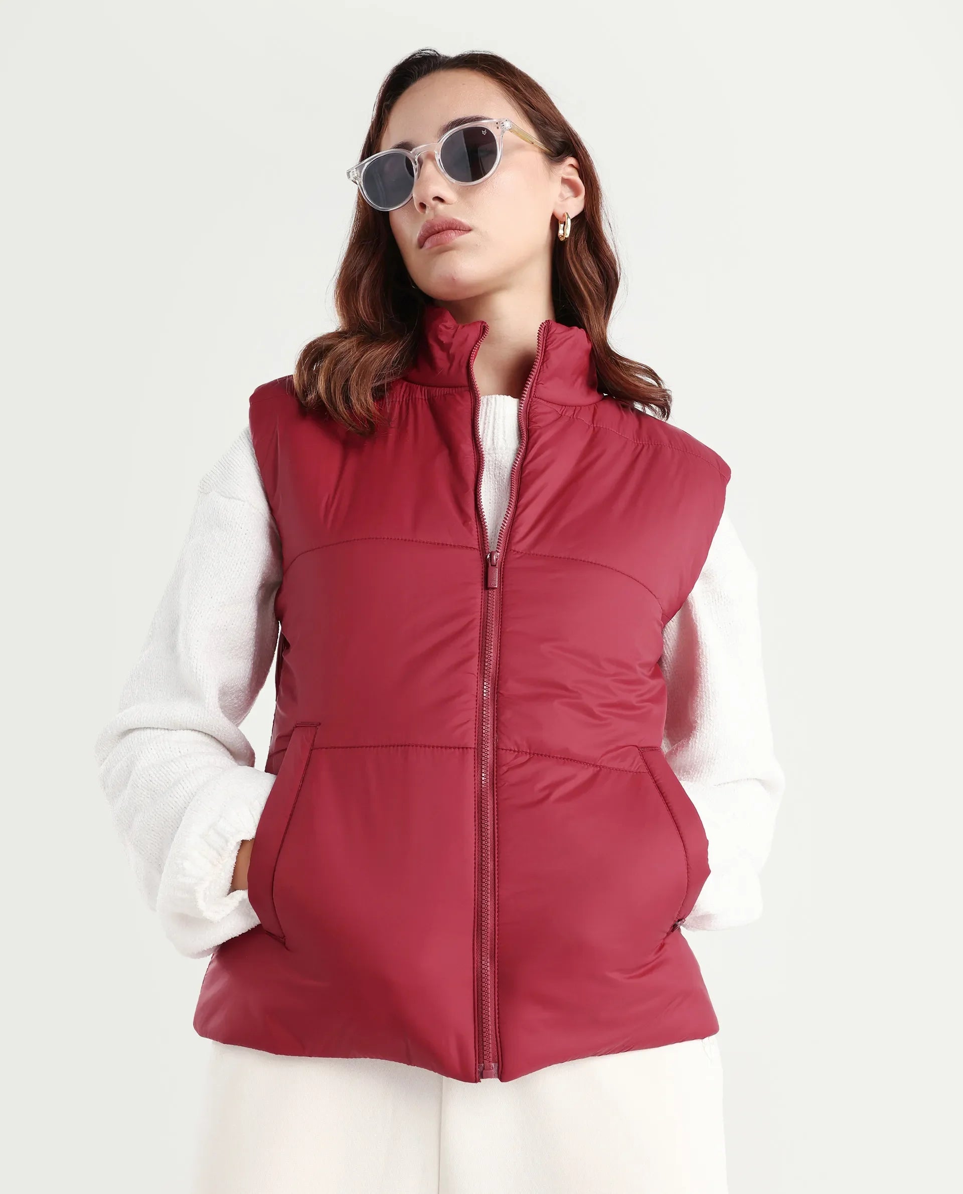 Rareism Women's Glasha Sl Red Polyester High Neck Plain Sleeveless Regular Fit Jacket