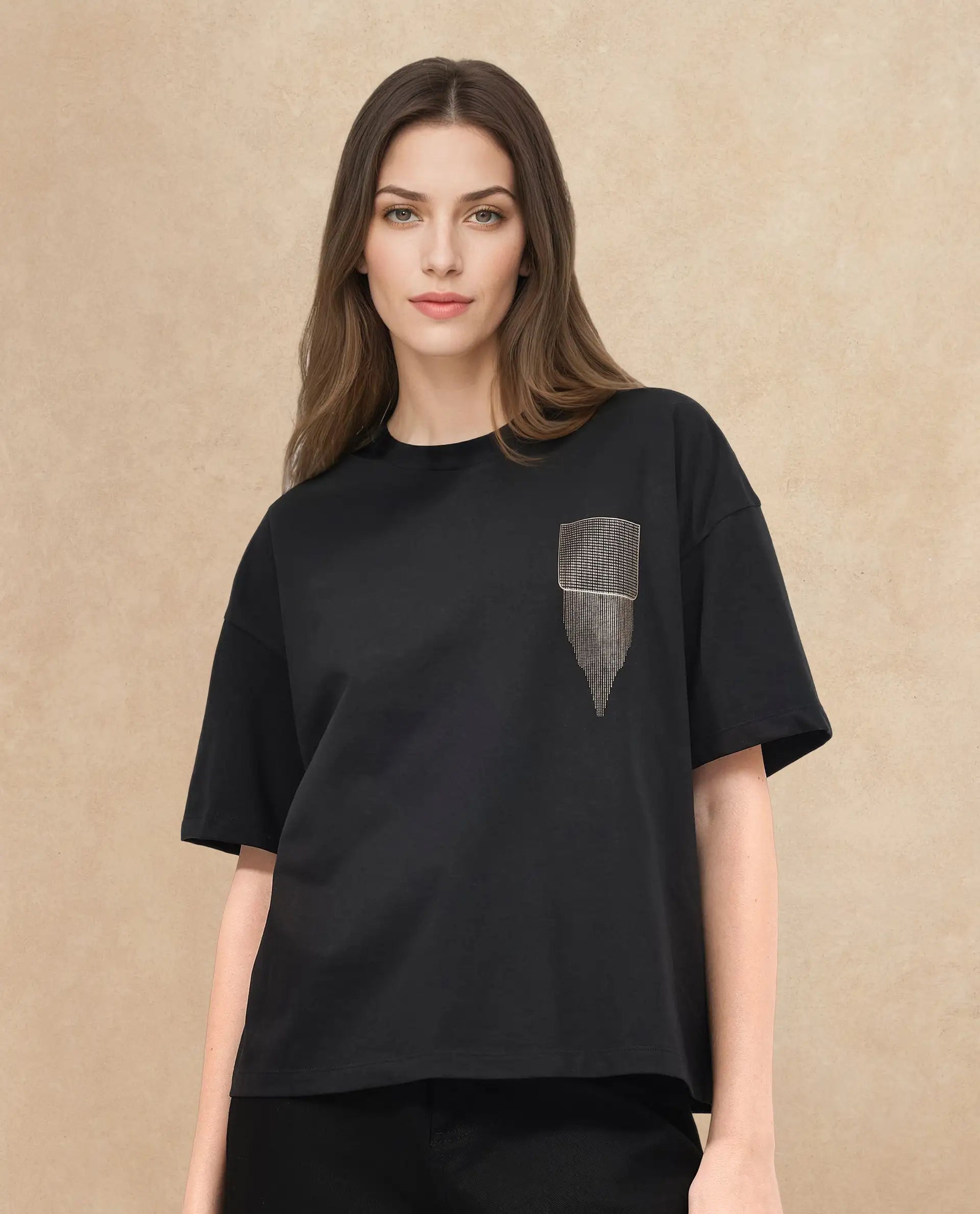 Rareism Women's Glondit Black Cotton Blend Crew Neck Graphic Print Boxy Fit T-Shirt
