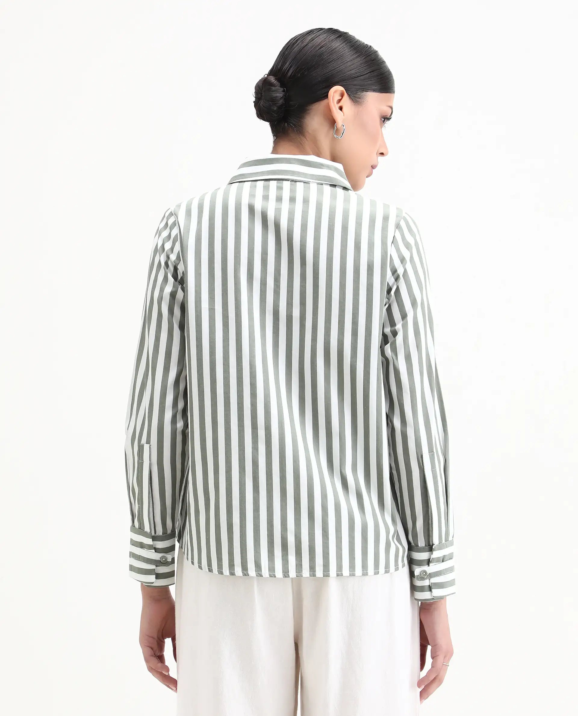 Rareism Women's Gloop Green Cotton Drop Collar Striped Cuffed Sleeve Regular Fit Shirt