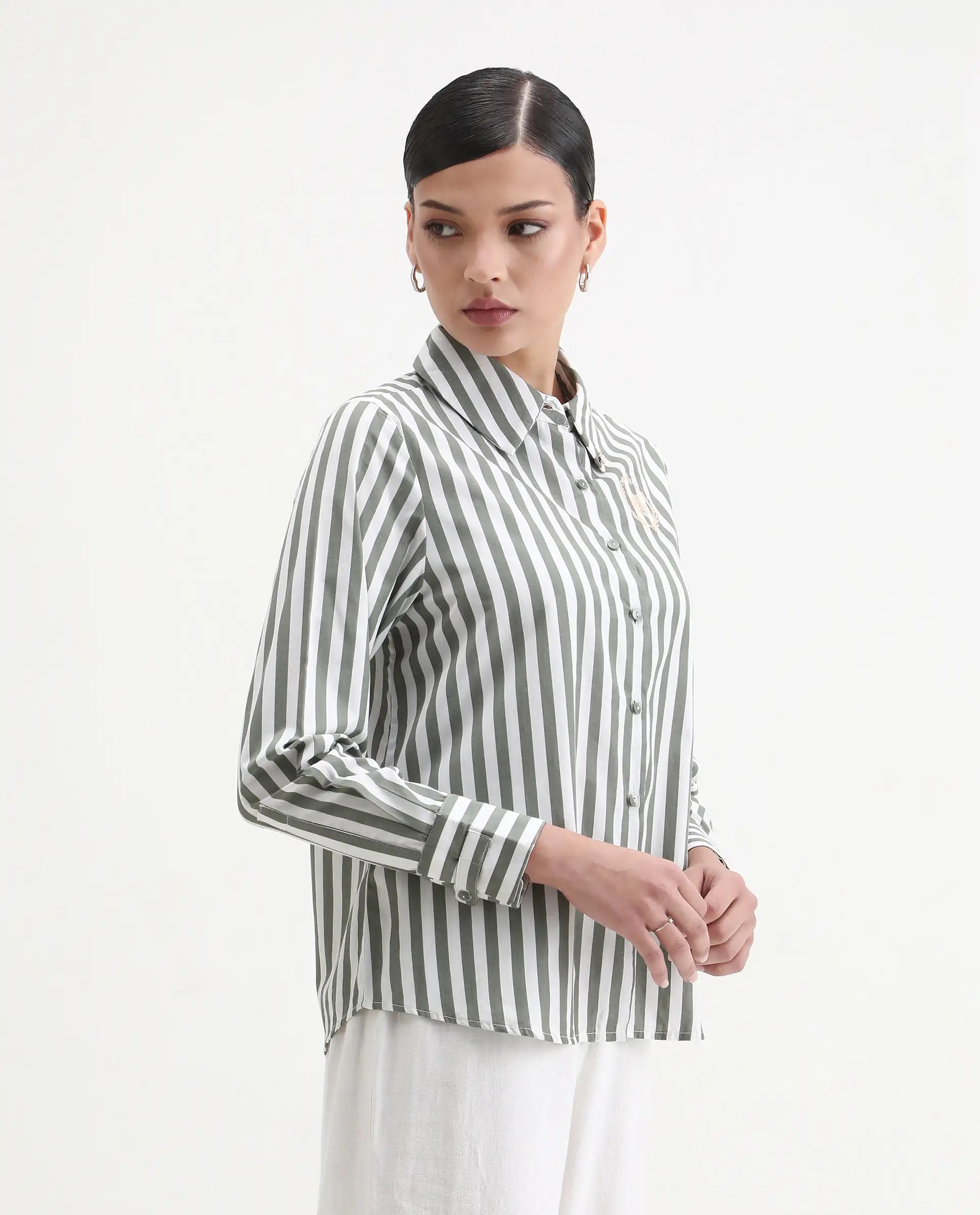 Rareism Women's Gloop Green Cotton Drop Collar Striped Cuffed Sleeve Regular Fit Shirt