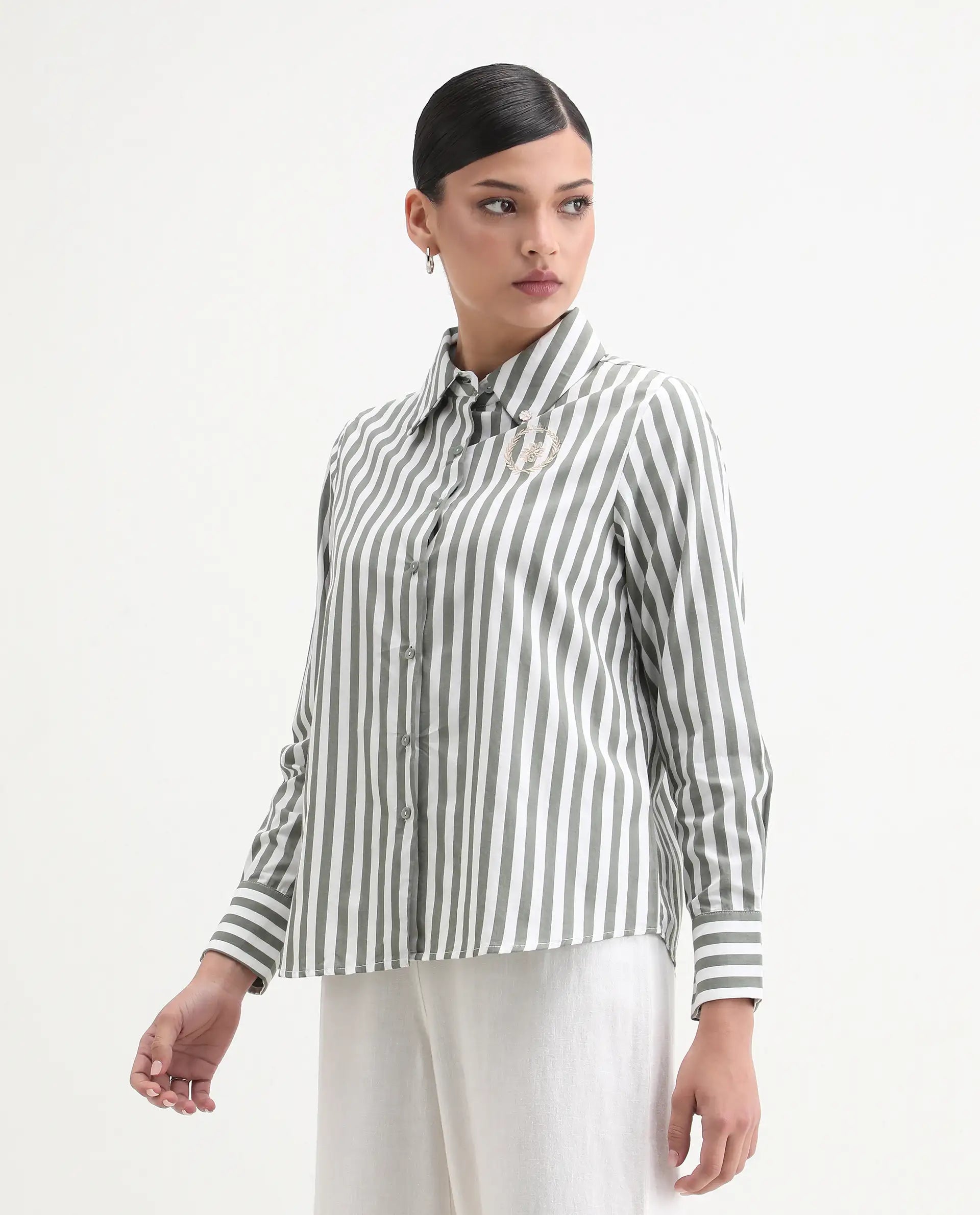 Rareism Women's Gloop Green Cotton Drop Collar Striped Cuffed Sleeve Regular Fit Shirt