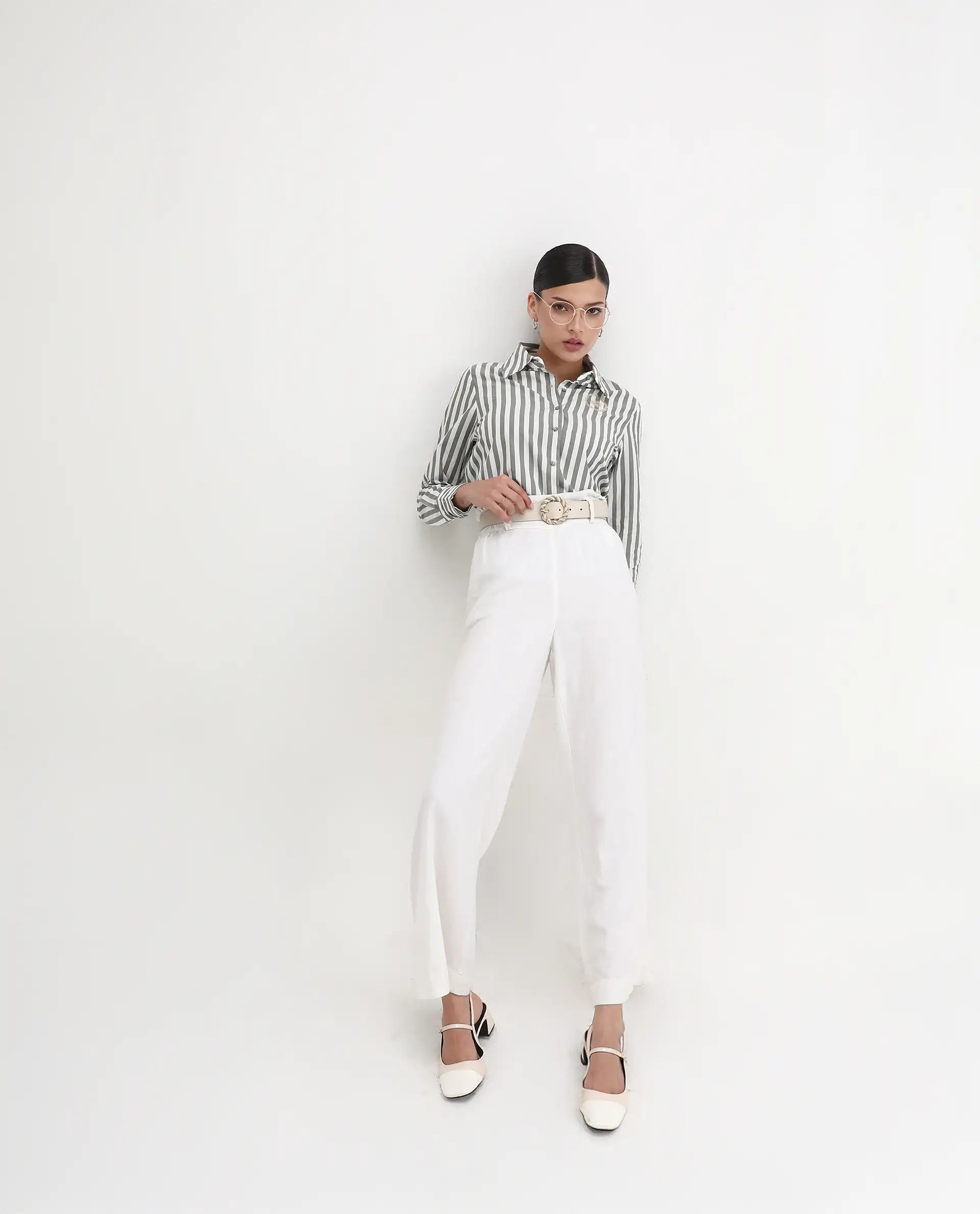 Rareism Women's Gloop Green Cotton Drop Collar Striped Cuffed Sleeve Regular Fit Shirt
