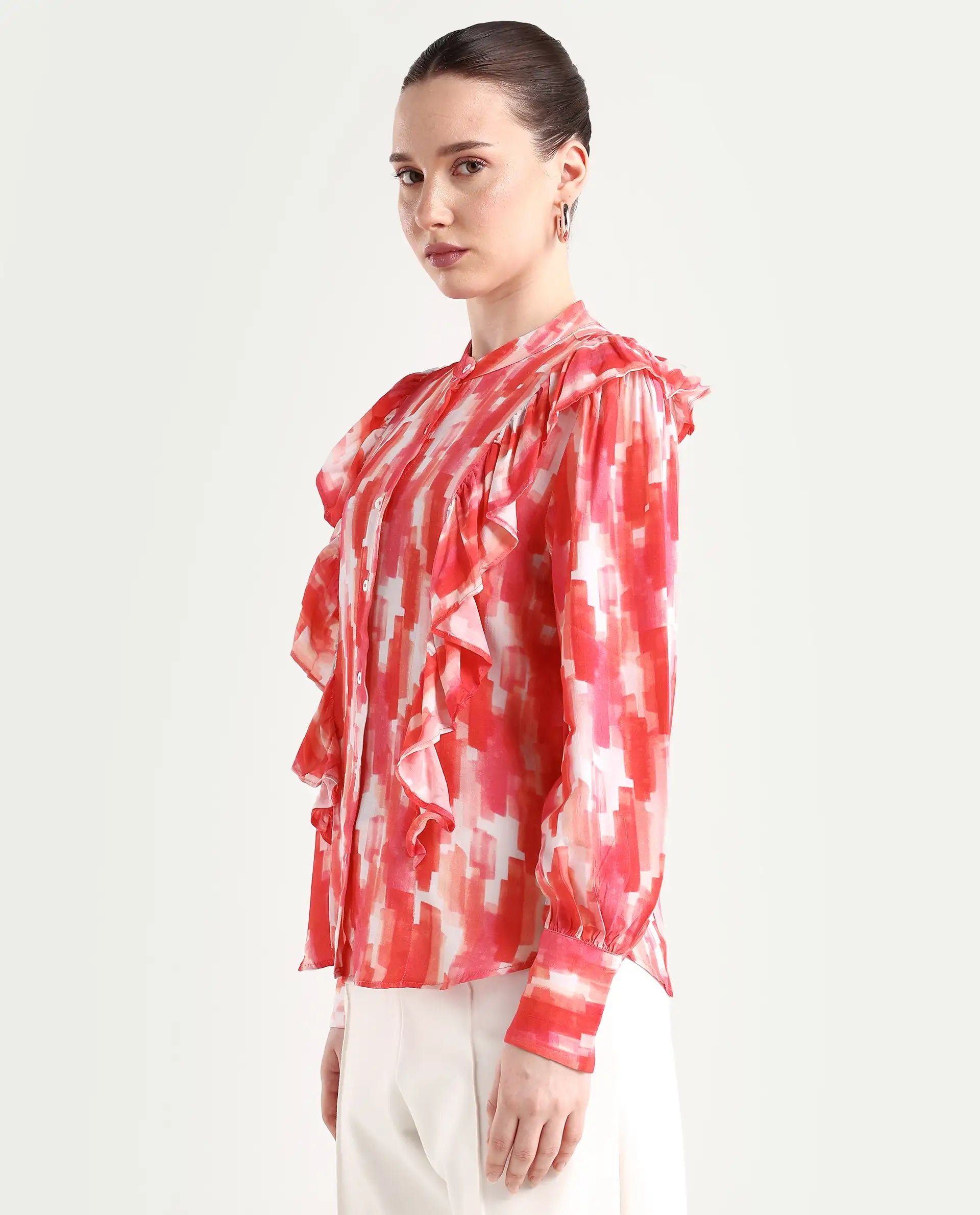 Rareism Women's Goku Pink Mandarin Collar Printed Knee Length Regular Fit Top